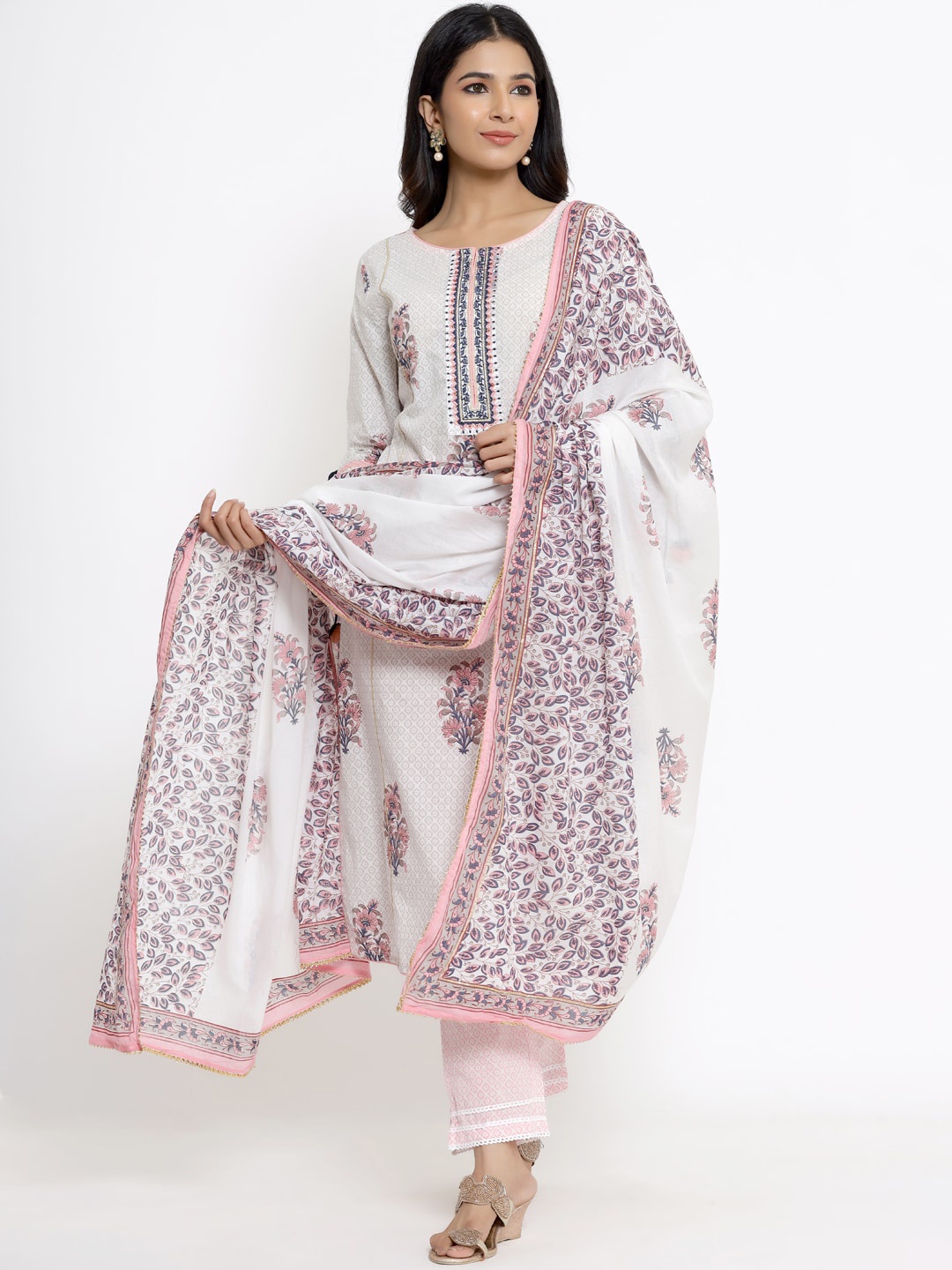 

ANAISA Women Pink Ethnic Motifs Printed Layered Sequinned Pure Cotton Kurta with Trousers & With Dupatta