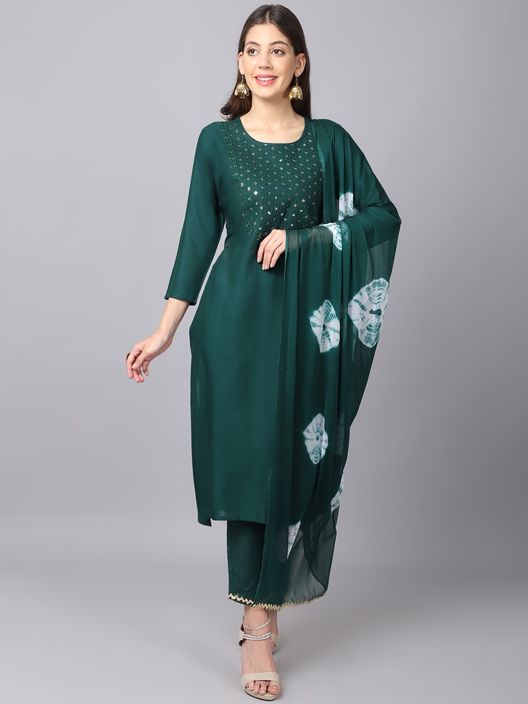 

ANAISA Women Green Ethnic Motifs Yoke Design Sequinned Kurta with Palazzos & With Dupatta