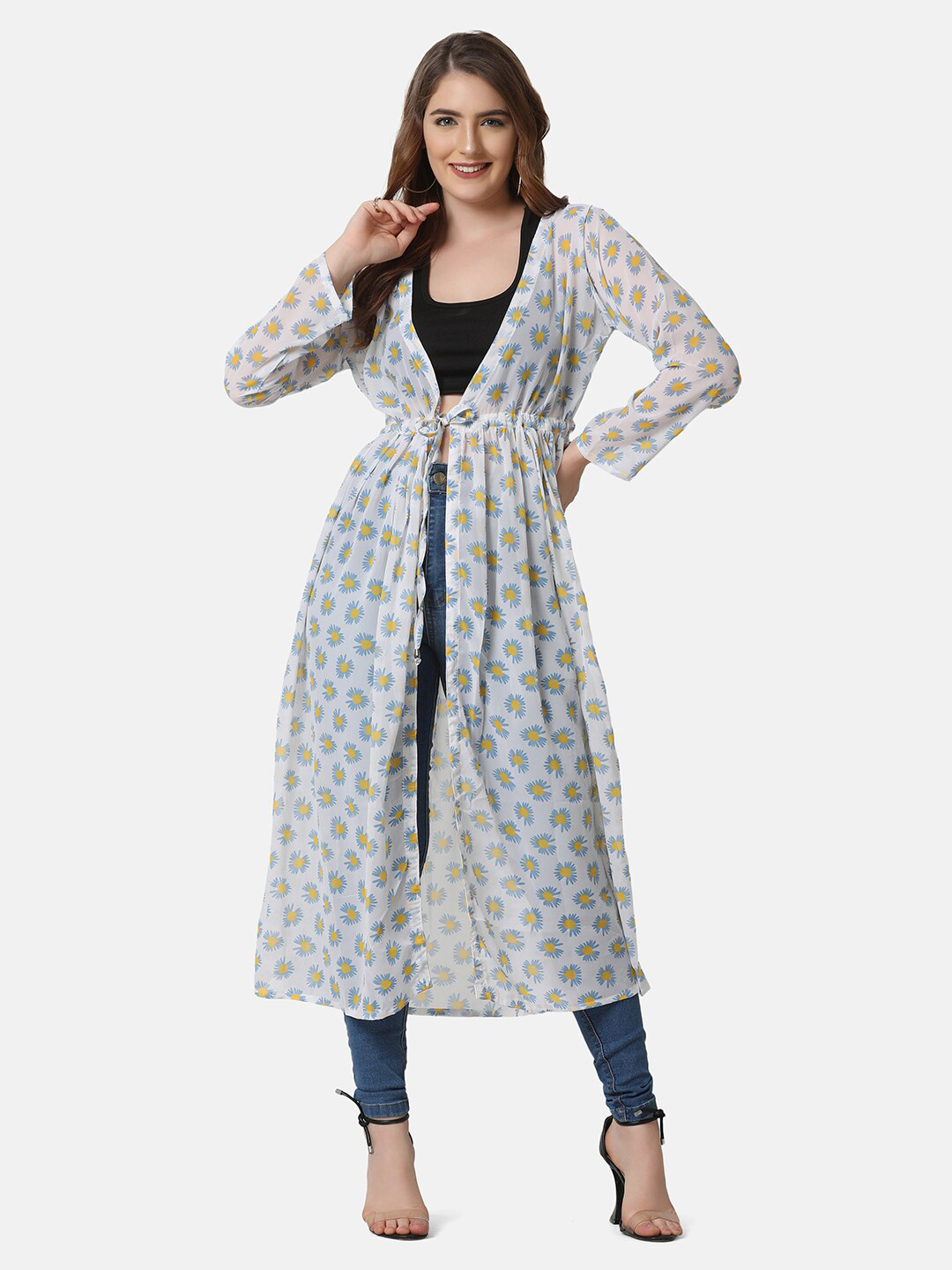 

BUY NEW TREND Women Blue & Yellow Printed Tie-Up Shrug
