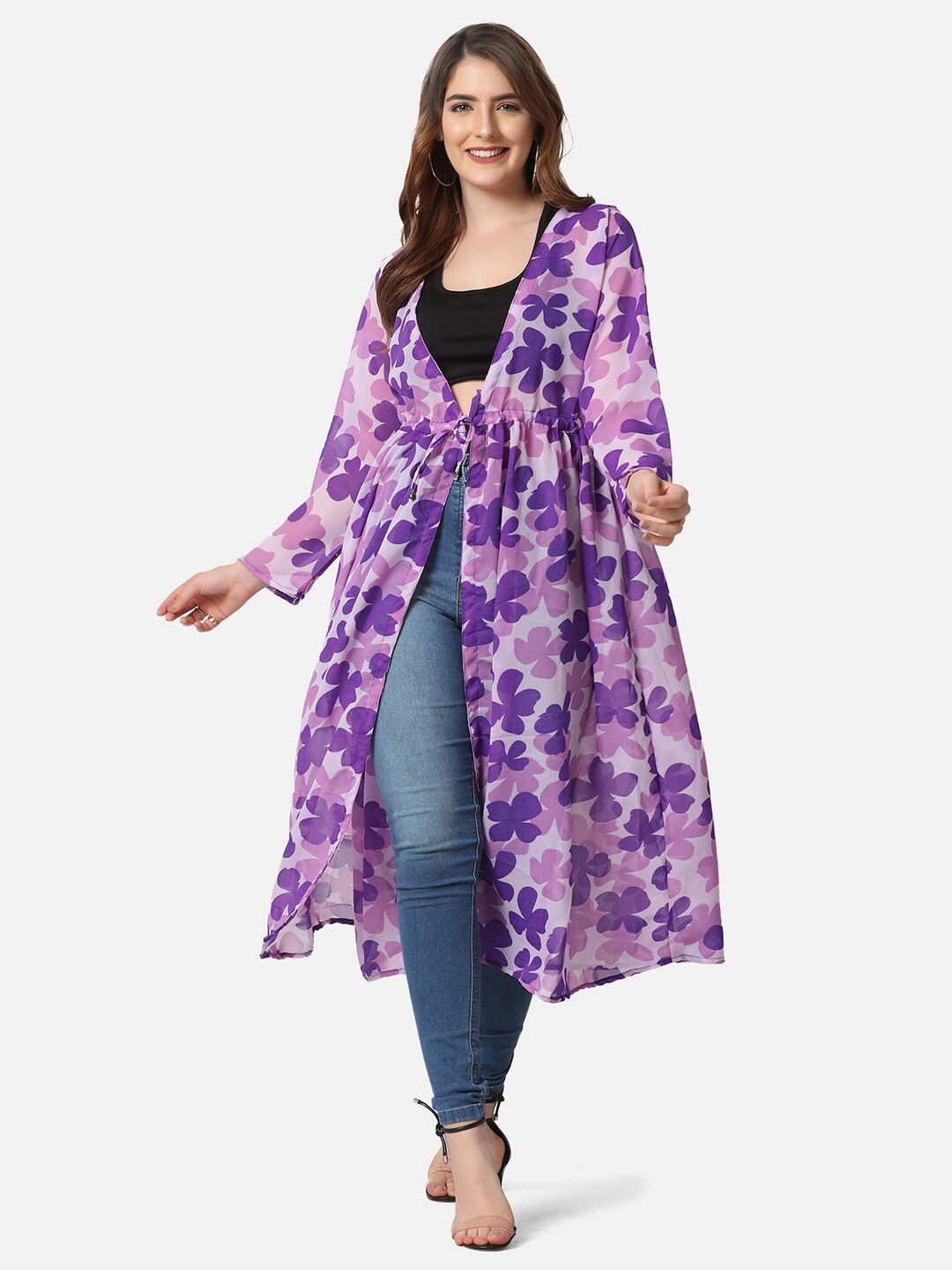 

BUY NEW TREND Women Purple & White Printed Longline Tie-Up Shrug