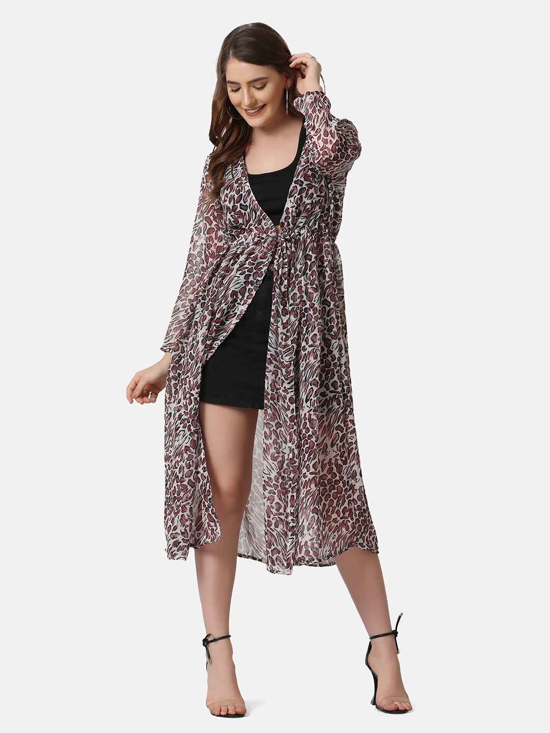 

BUY NEW TREND Women Brown & White Tie-Up Georgette Leopard Printed Long Women Shrug