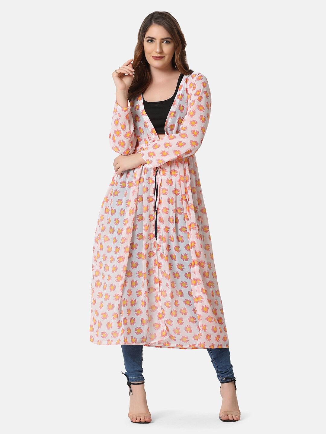 

BUY NEW TREND Women Pink & Yellow Printed Tie-Up Shrug