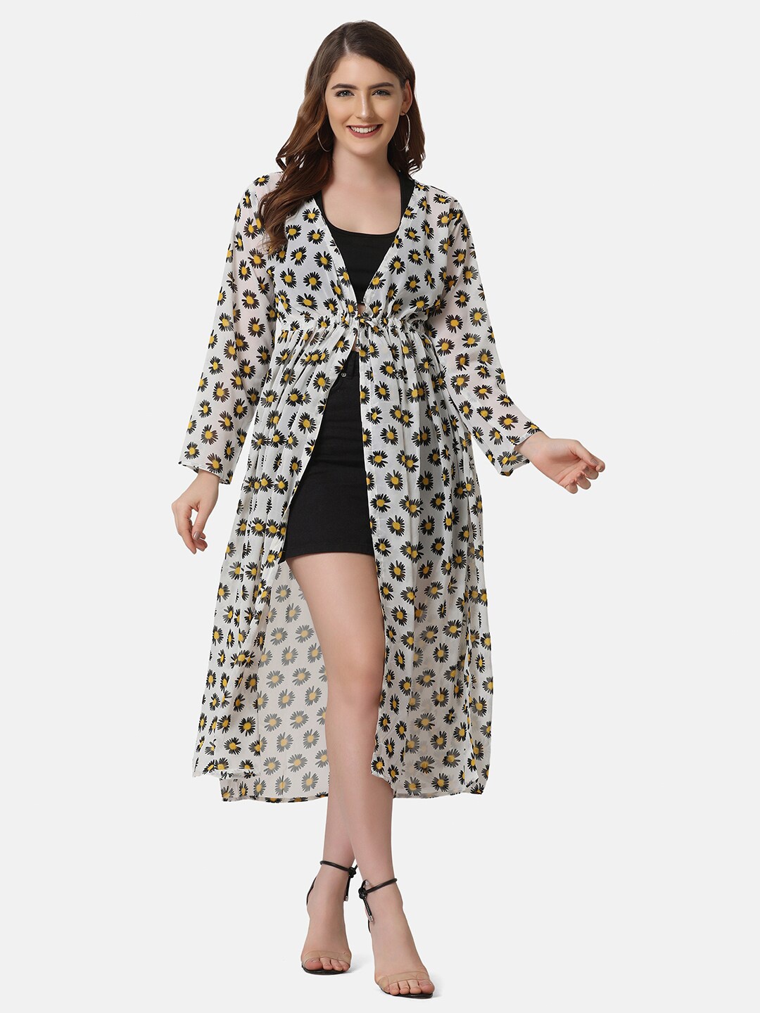 

BUY NEW TREND Women White & Black Printed Tie-Up Shrug