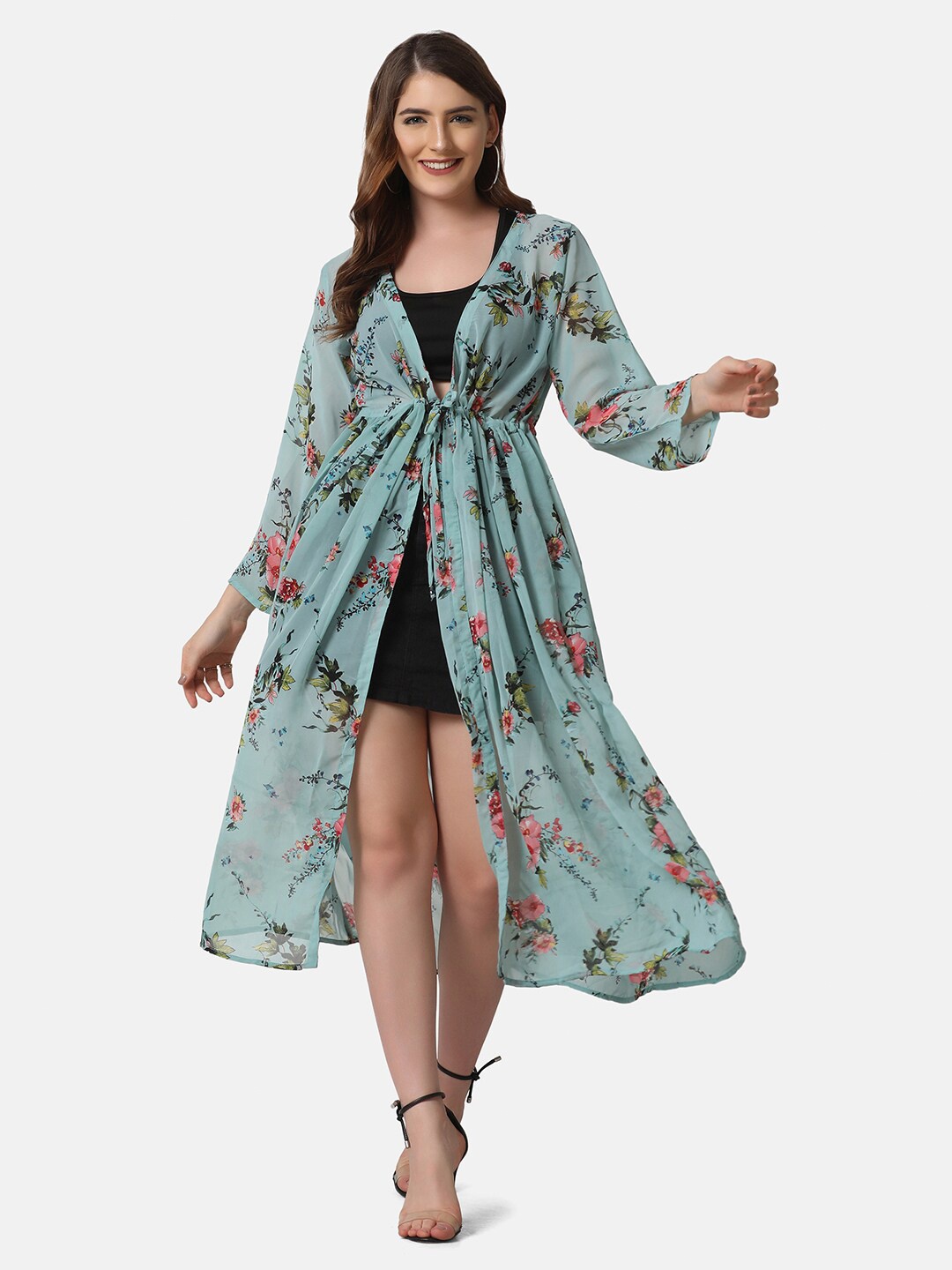 

BUY NEW TREND Women Blue & Pink Floral Printed Poly Crepe Casual Tie-Up Shrug