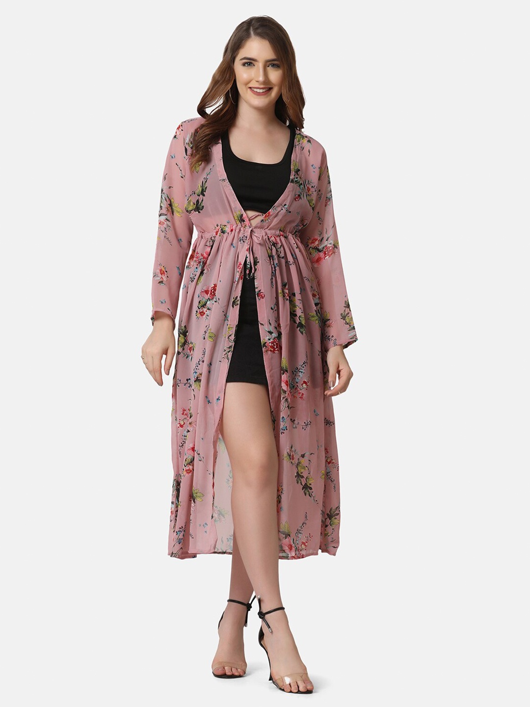 

BUY NEW TREND Women Peach-Coloured & Green Gajri Georgette Floral Printed Tie-Up Shrug