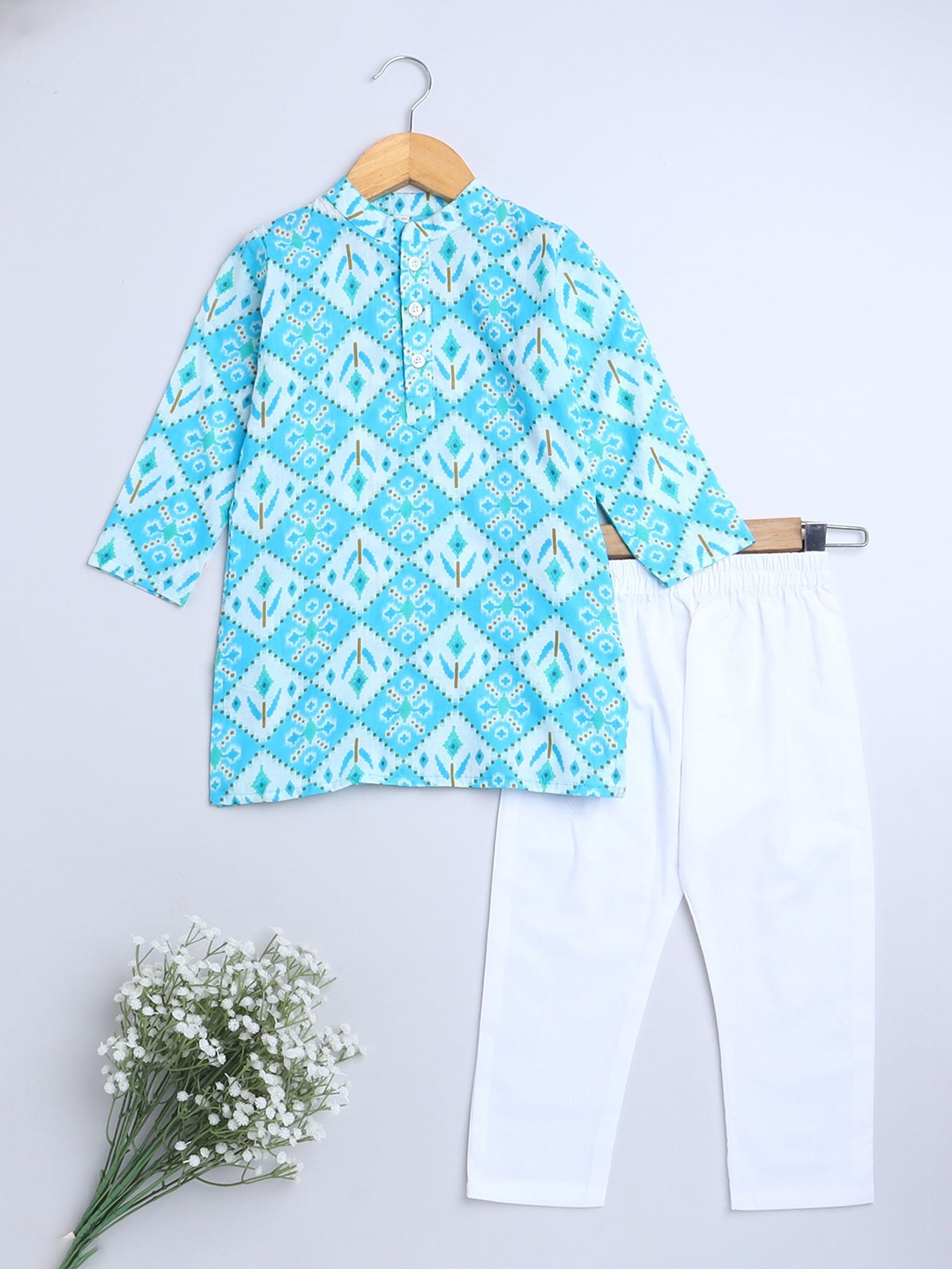 

The Magic Wand Boys Blue Printed Mandarin Collar Cotton Kurta with Churidar