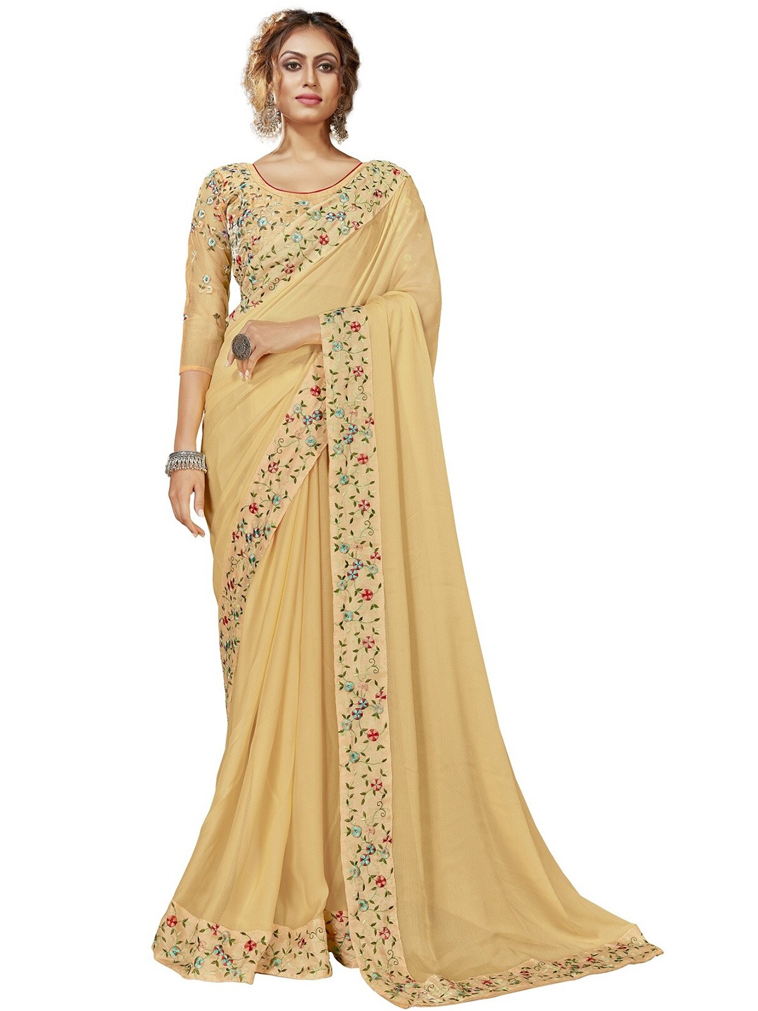 

MotiHamir Cream-Coloured Embroidered Border Poly Chiffon Saree