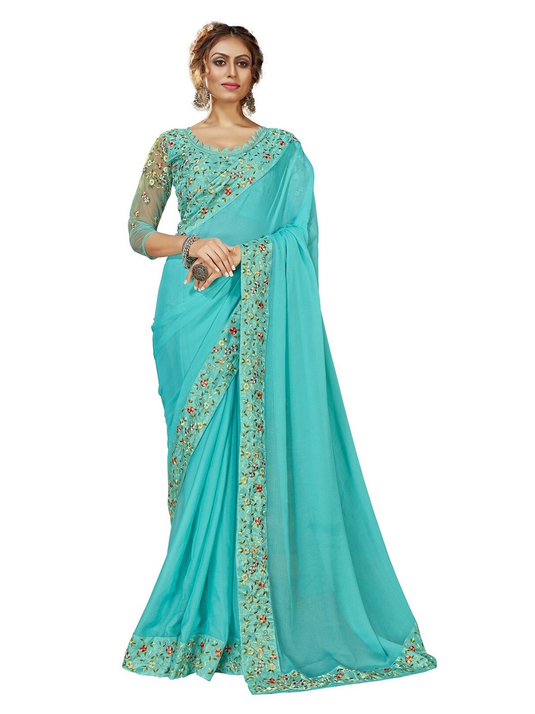 

MotiHamir Sea Green & Pink Embroidered Saree