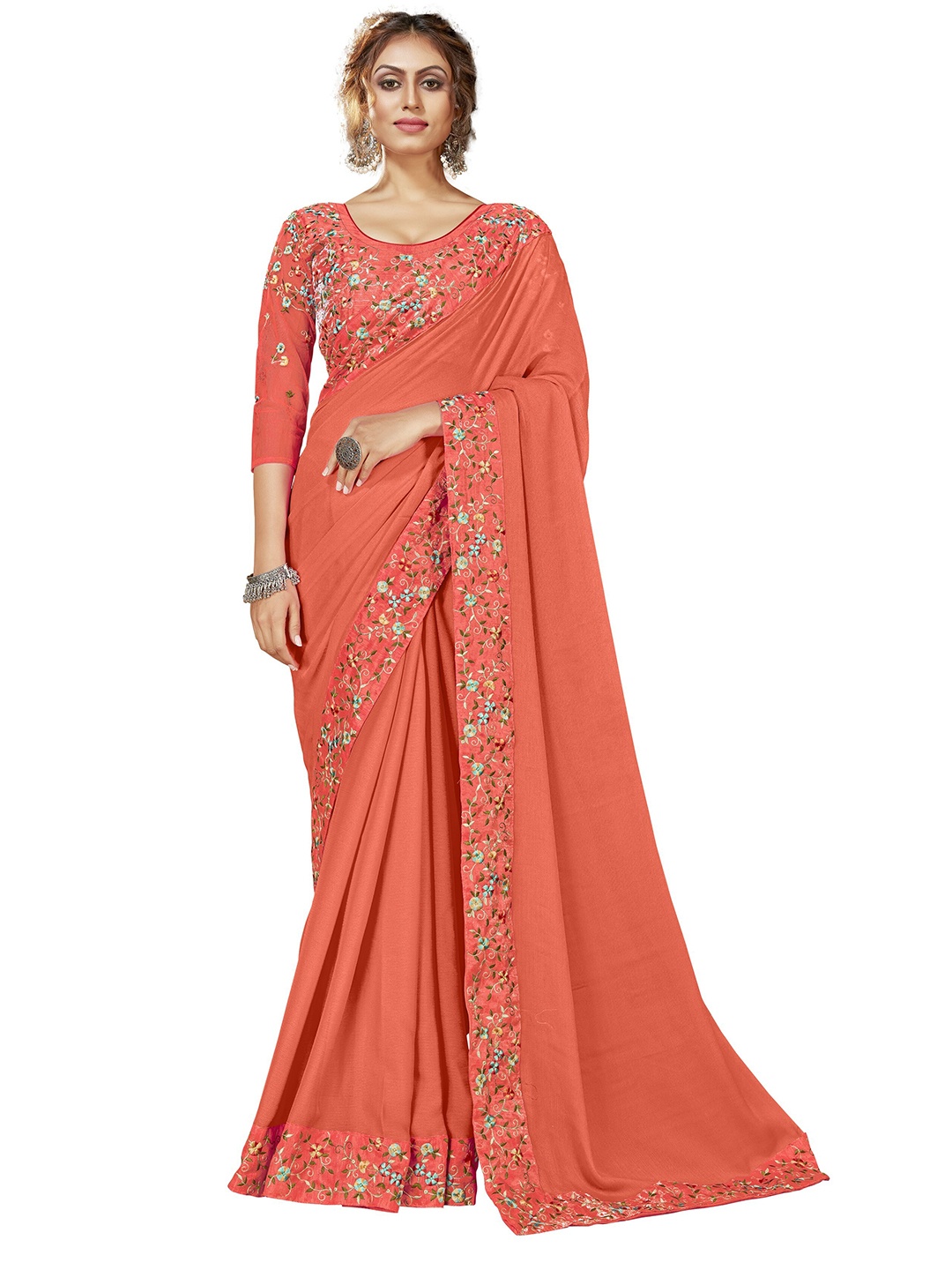 

MotiHamir Orange & Green Embroidered Border Saree
