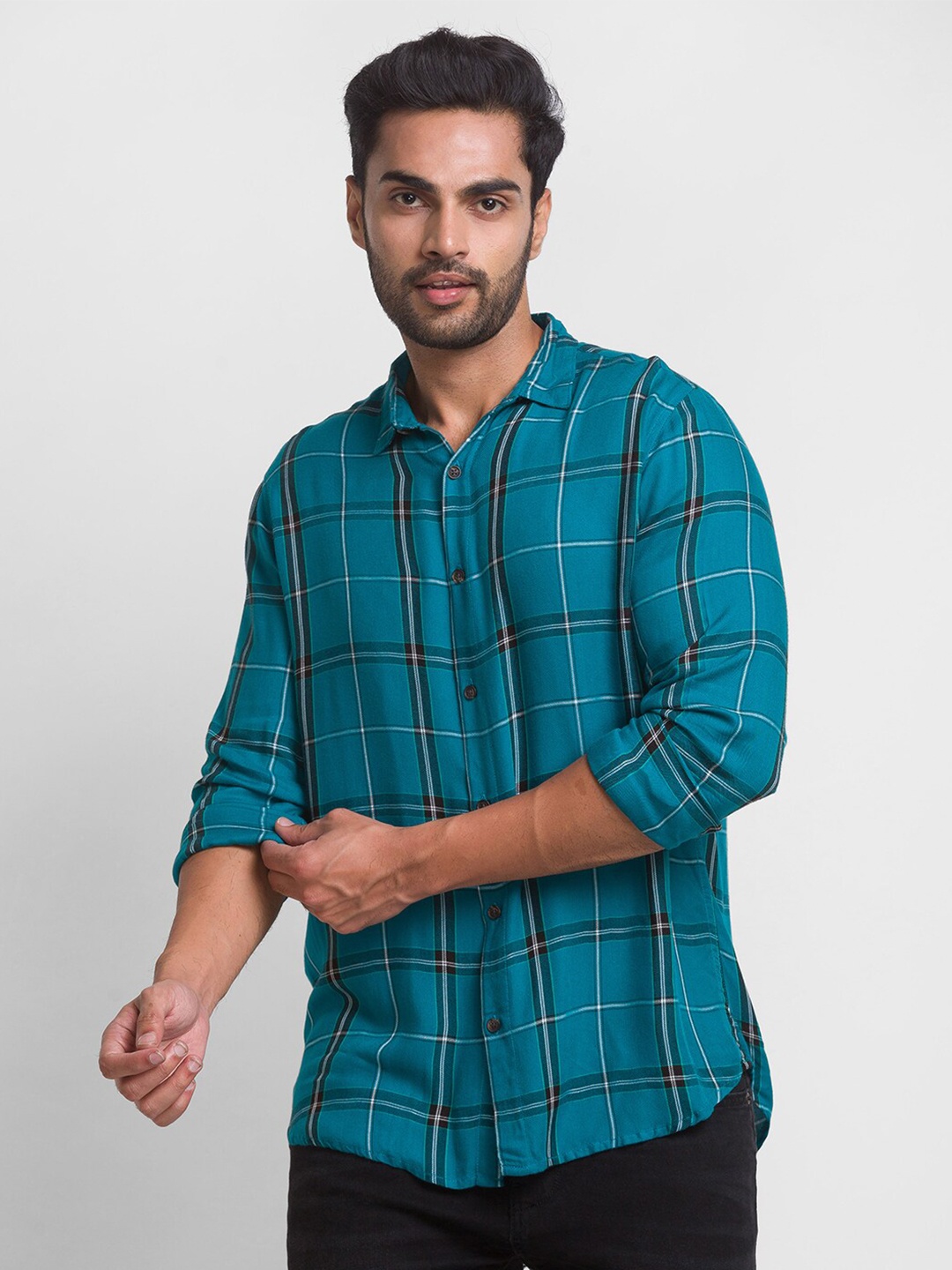 

Globus Men Teal Tartan Checks Checked Pure Cotton Casual Shirt