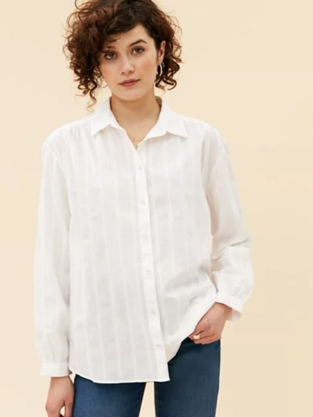 

Marks & Spencer Women White Striped Classic Cotton Casual Shirt