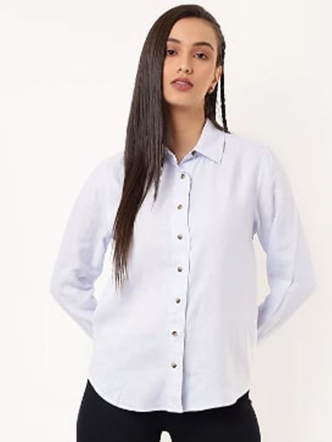

Marks & Spencer Women Off White Pale Blue Classic Casual Shirt
