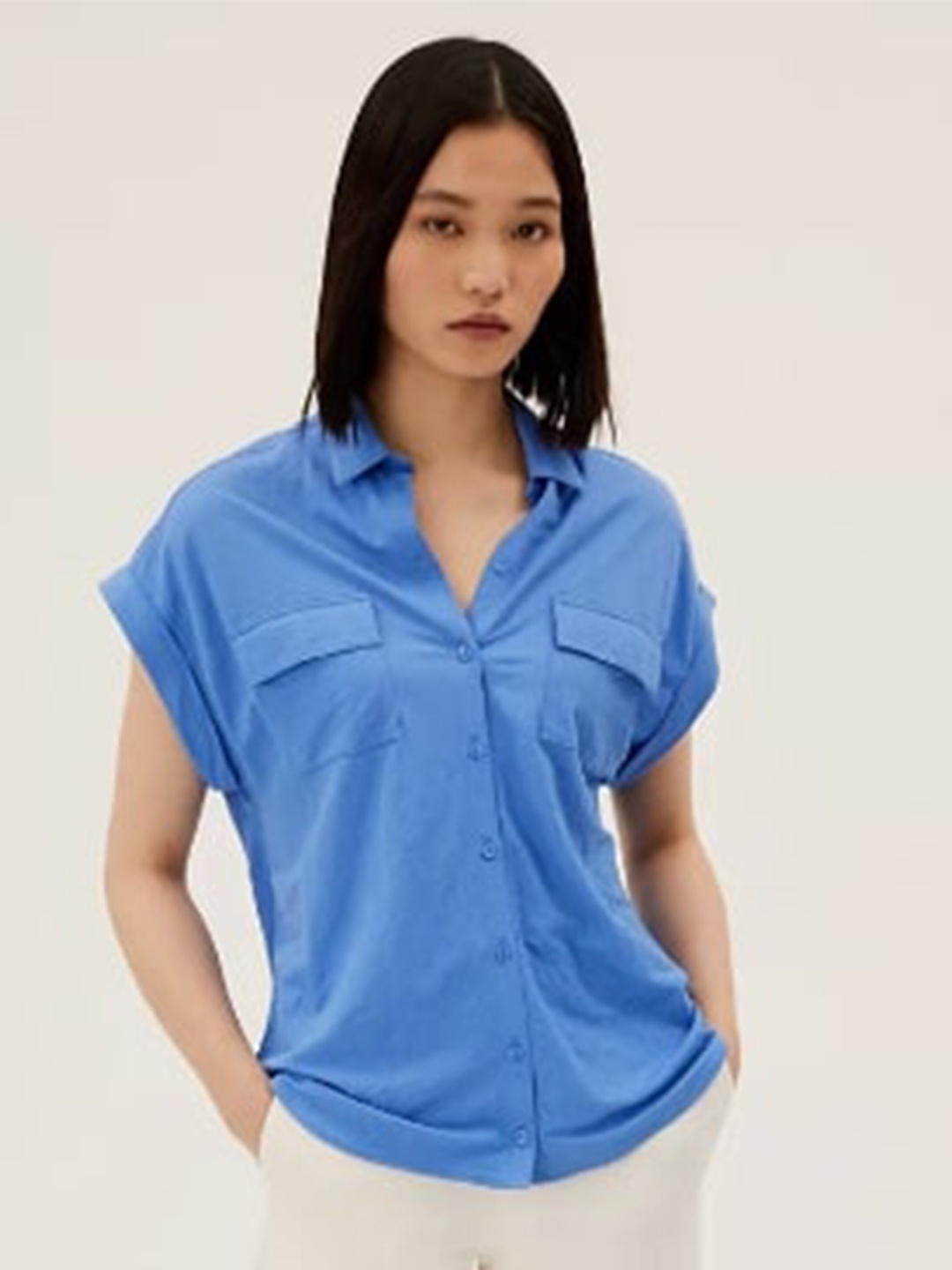 

Marks & Spencer Women Blue Solid Extended Sleeves Classic Casual Shirt