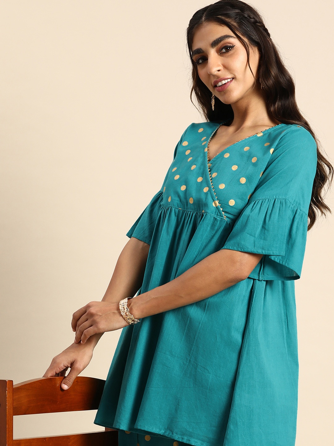 

Sangria Printed Pure Cotton Ethnic Tunic with Palazzo, Blue