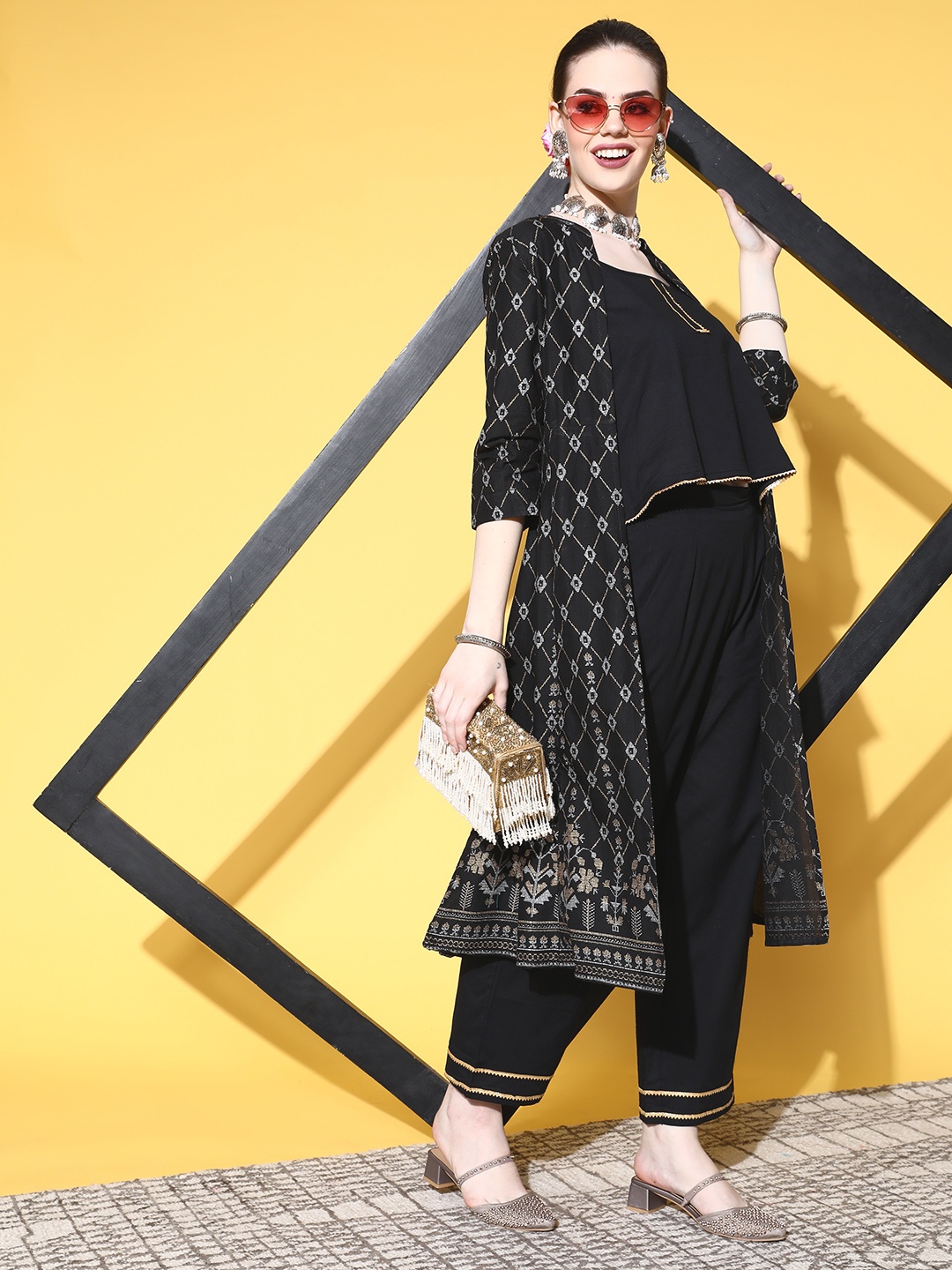 

Sangria Women Black And Golden Ethnic Motifs Print Pure Cotton Gota Patti Detail Co-ords