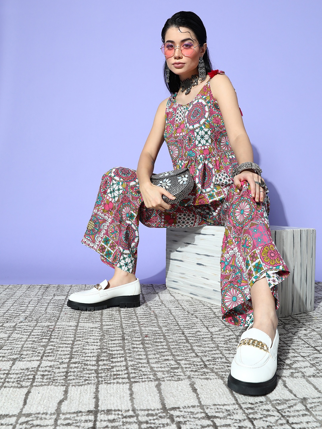 

Sangria Women Pink Printed Top with Palazzos