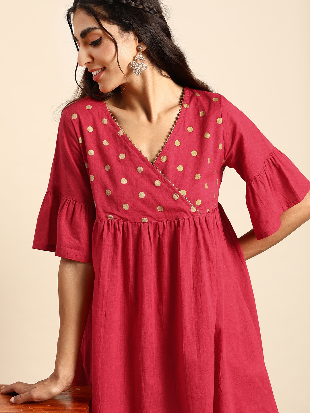 

Sangria Printed Pure Cotton Ethnic Tunic with Palazzo, Red