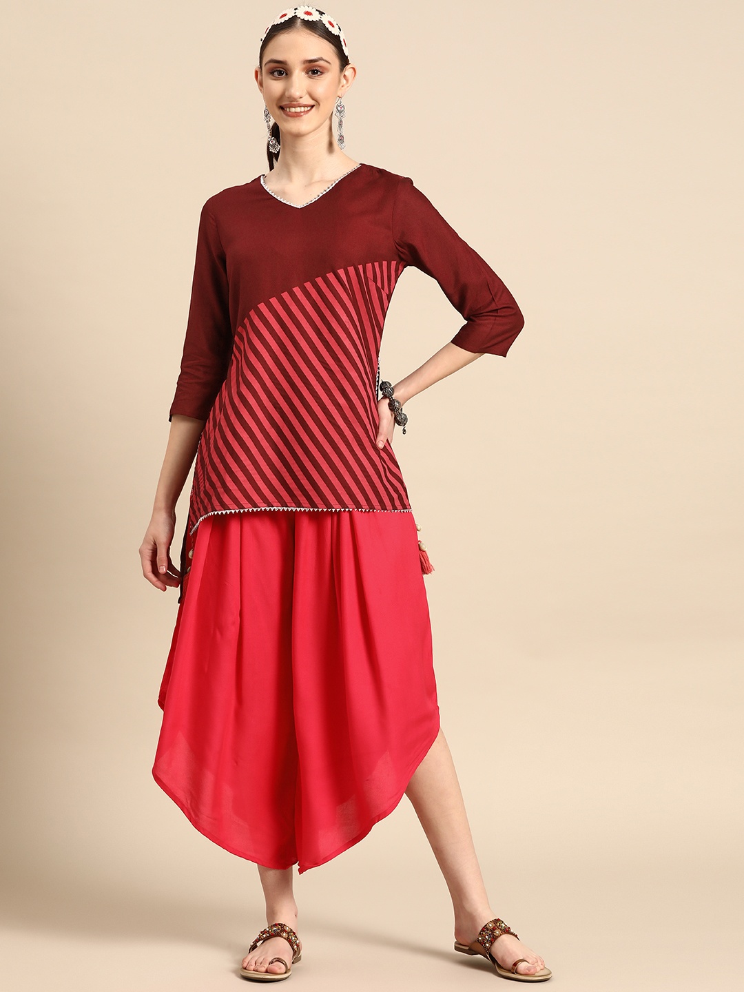 Sangria Women Striped Gotta Patti Kurti with Asymmetric Palazzos, Maroon