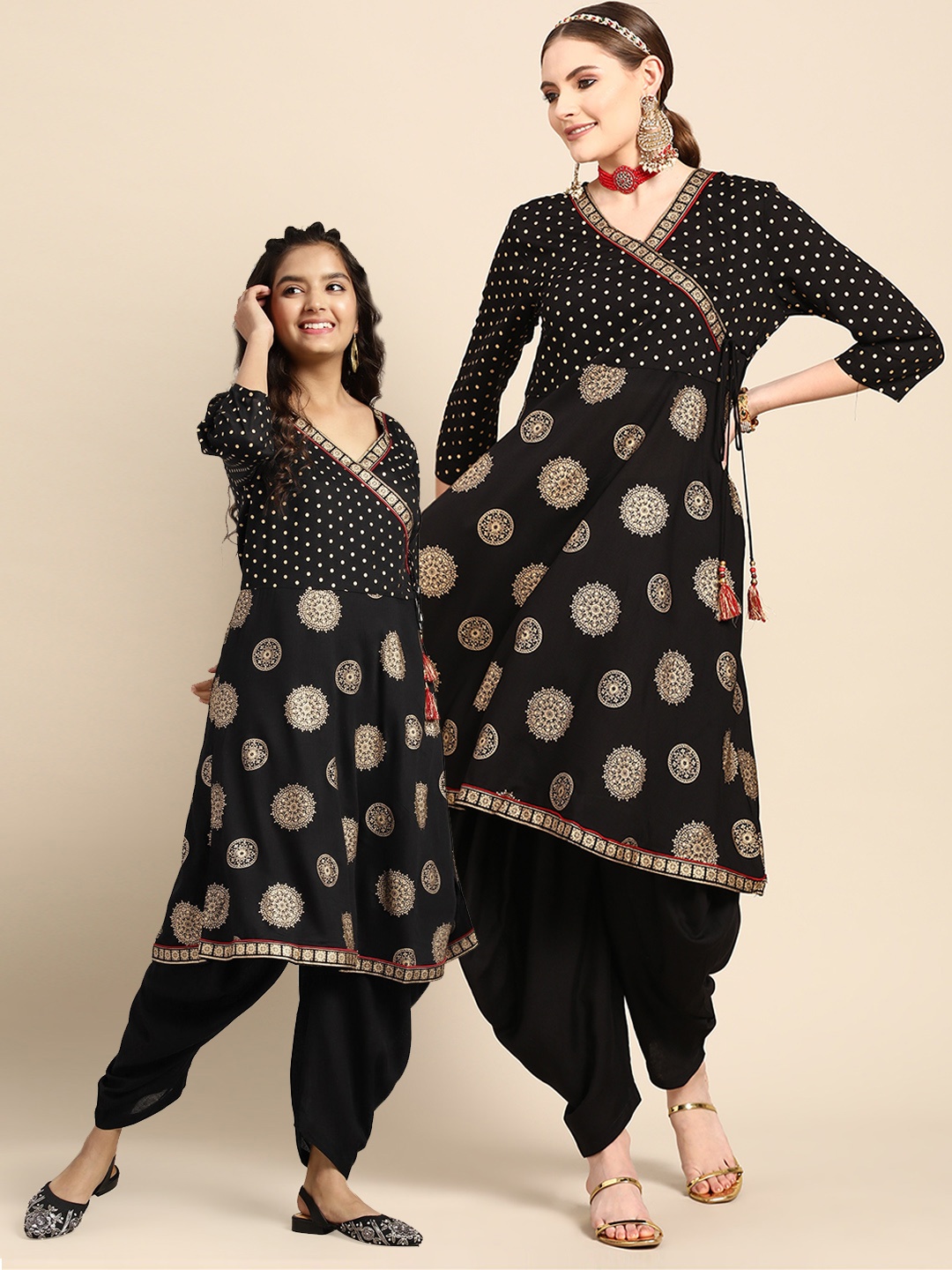 

Sangria Women Black & Golden Ethnic Motifs Printed Angrakha Kurta with Dhoti Pants