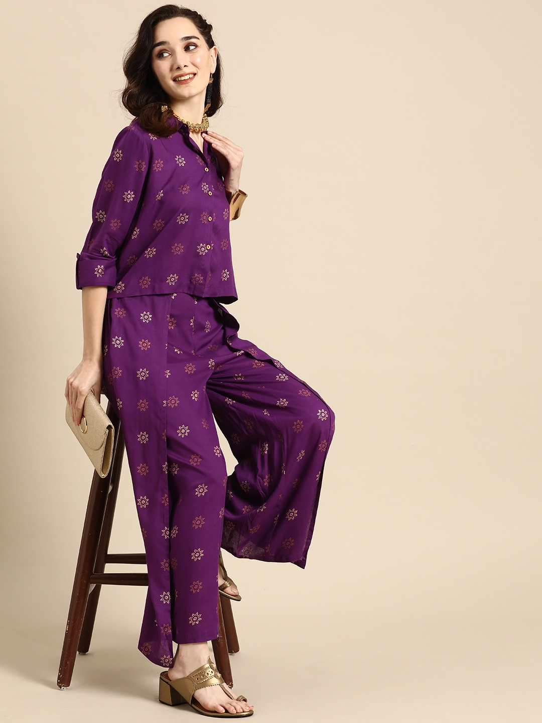 

Sangria Women Purple & Gold Toned Floral Print Shirt With Palazzos