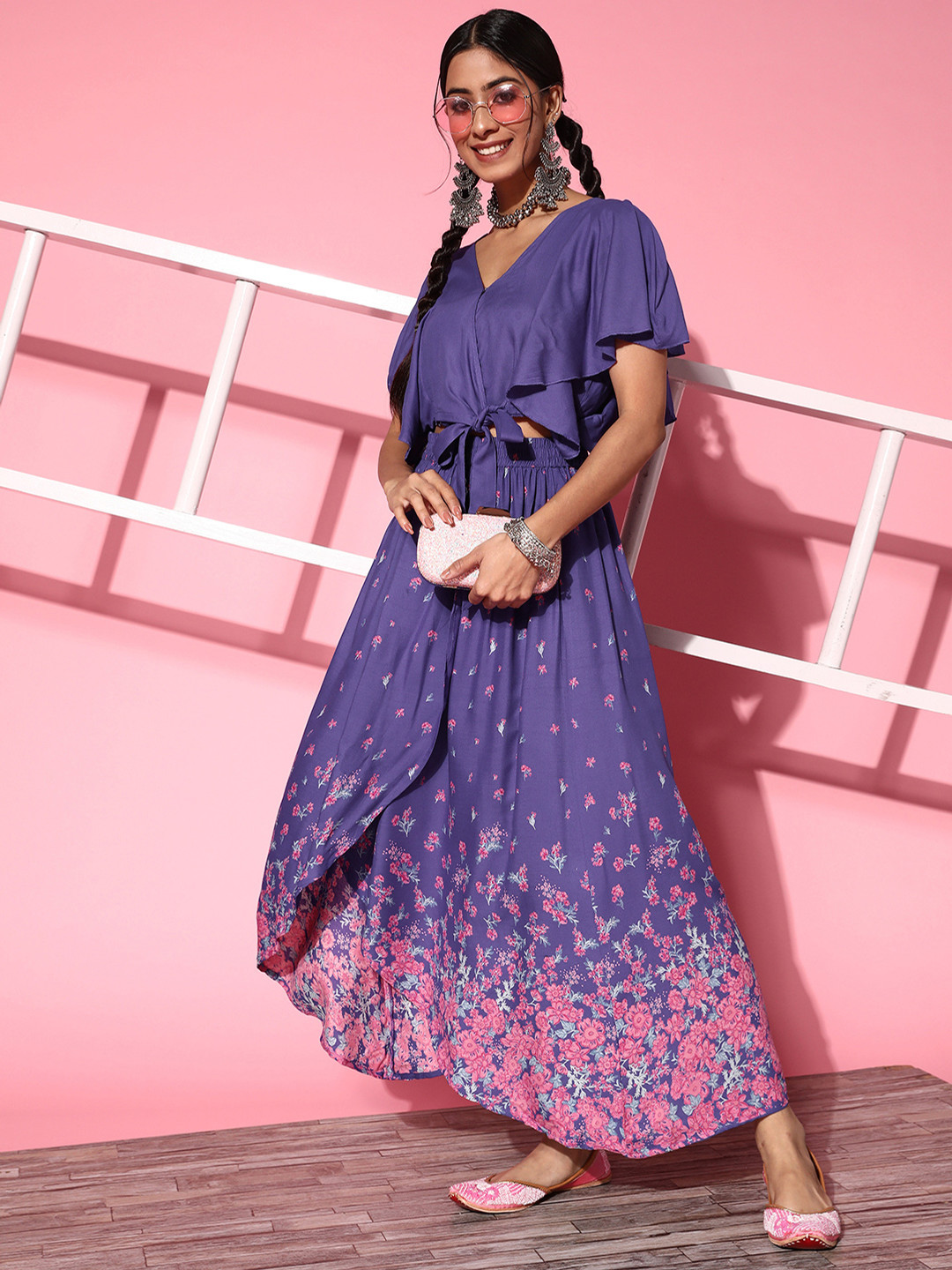 

Sangria Women Blue & Orange Floral Printed Co-ords