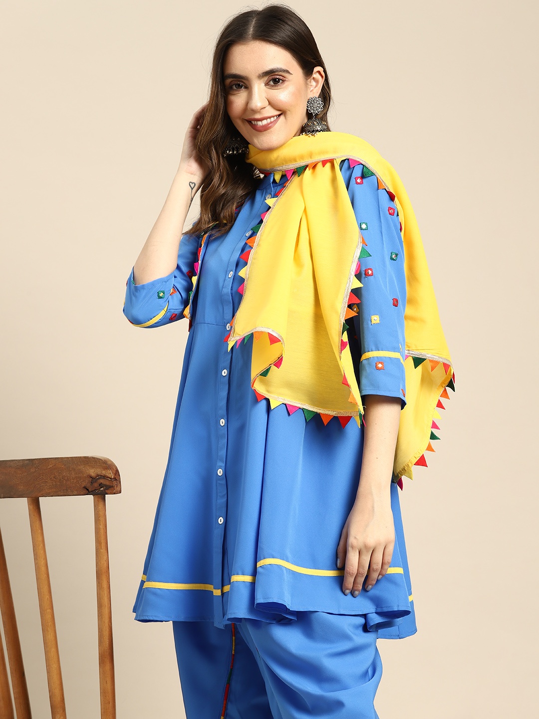 

Sangria Women Pleated Gotta Patti Kurta with Dhoti Pants & Dupatta, Blue