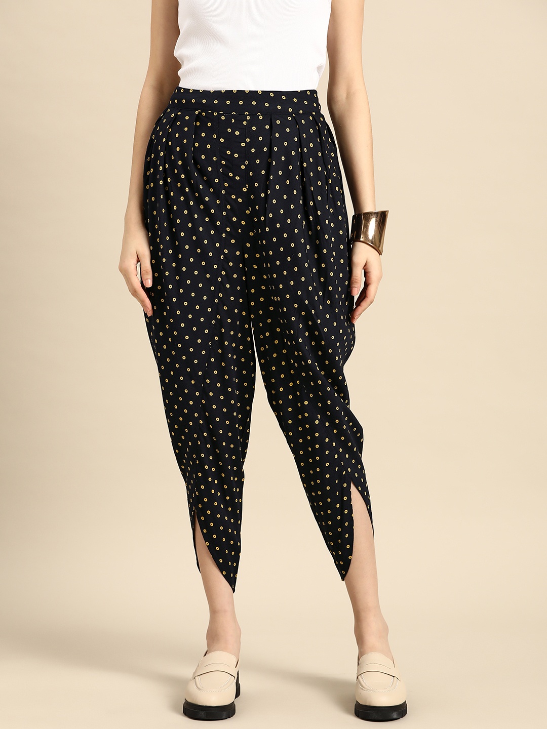 

Sangria Women Navy Blue & Yellow Printed Dhoti Pants