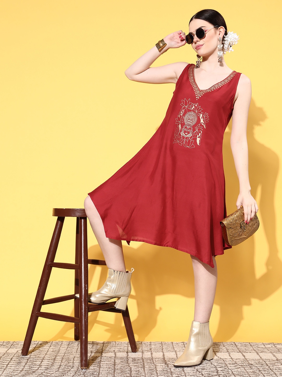 

Sangria Red & Golden Printed Asymmetric Hem A-Line Dress