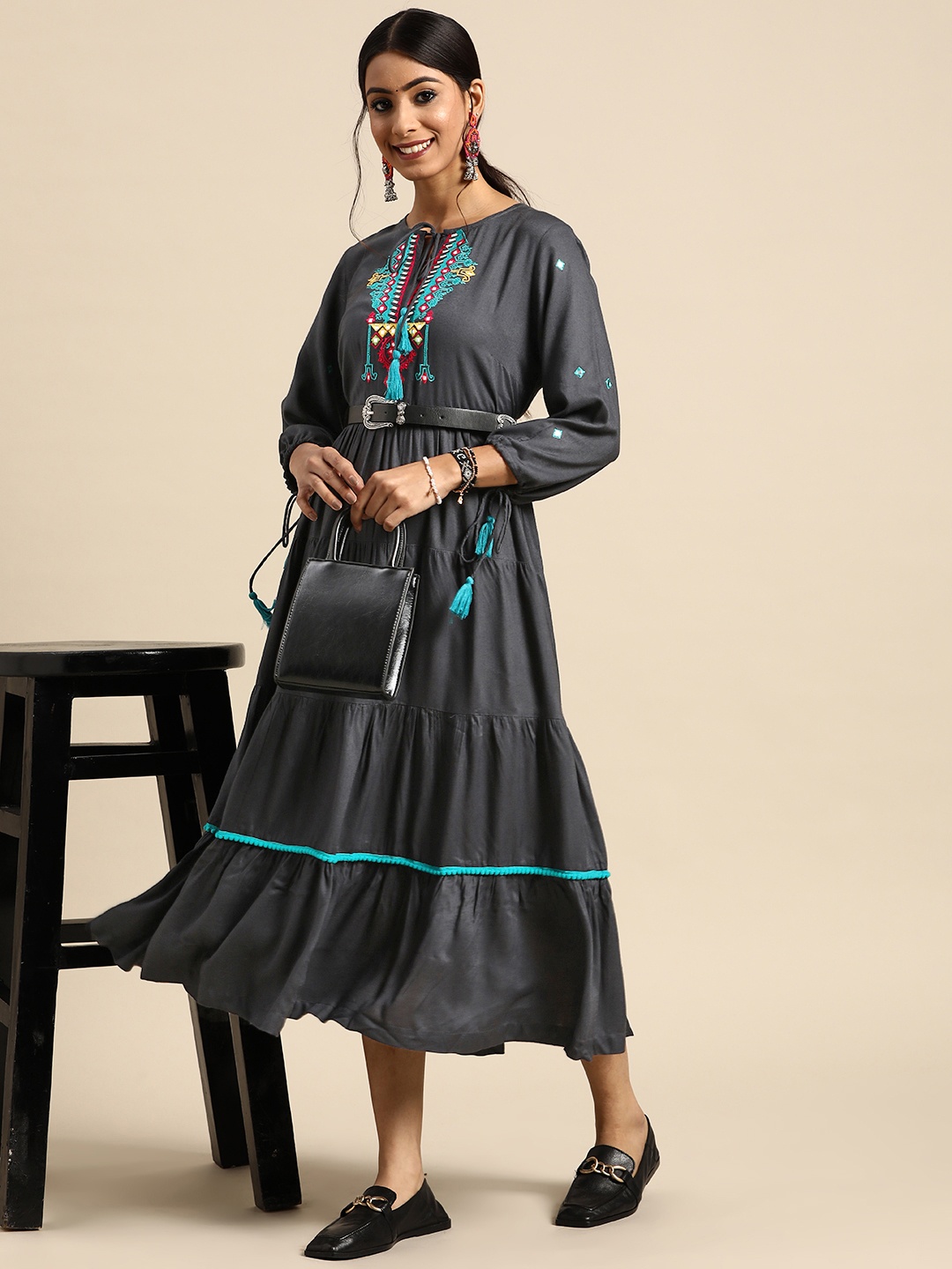 

Sangria Women Navy Blue Solid Tiered A-Line Ethnic Dress
