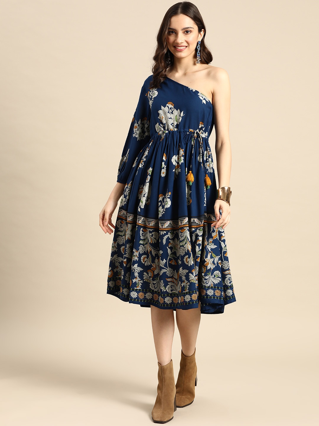 

Sangria Women Navy Blue & Off-White One-Shoulder Printed A-Line Ethnic Dress