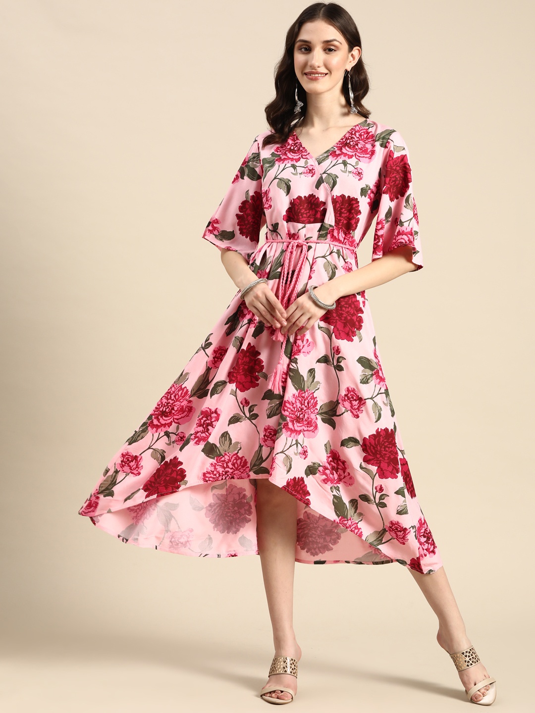 

Sangria Women Pink & Red Floral Printed Wrap Ethnic Dress