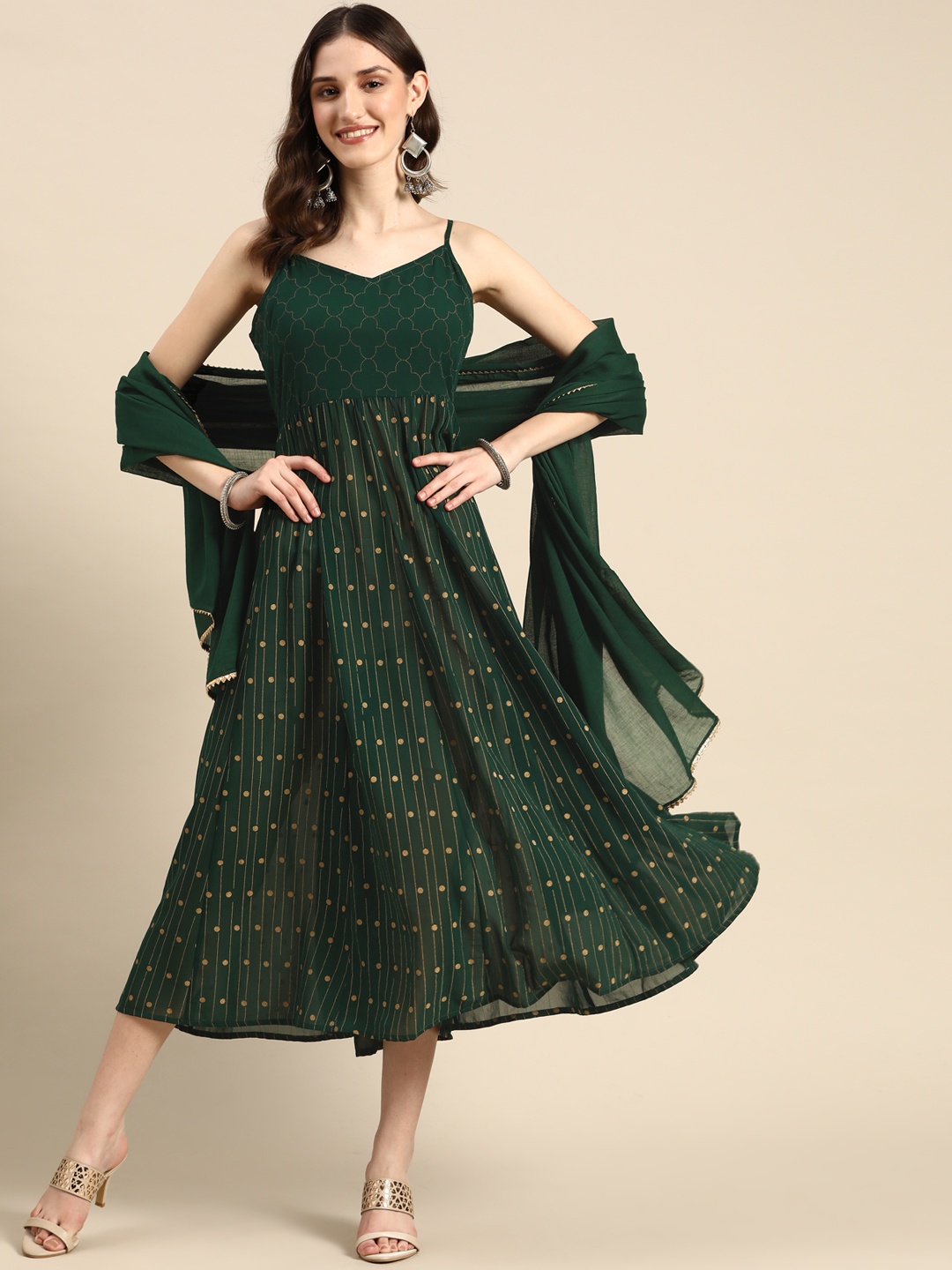 

Sangria Women Green & Golden Printed A-Line Ethnic Dress with Dupatta