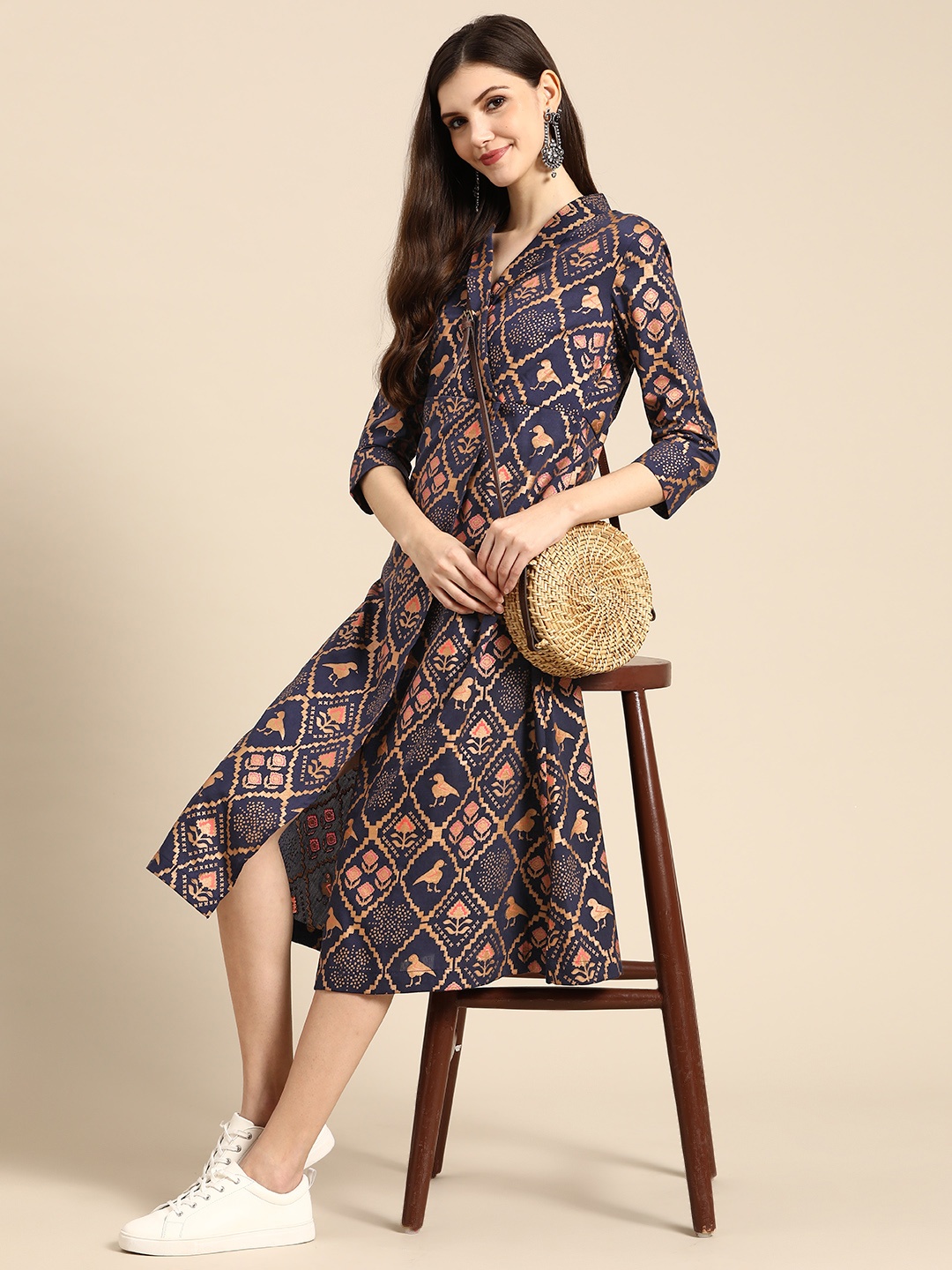 

Sangria Women Navy Blue & Gold Ethnic Motifs Printed Wrap Midi Dress