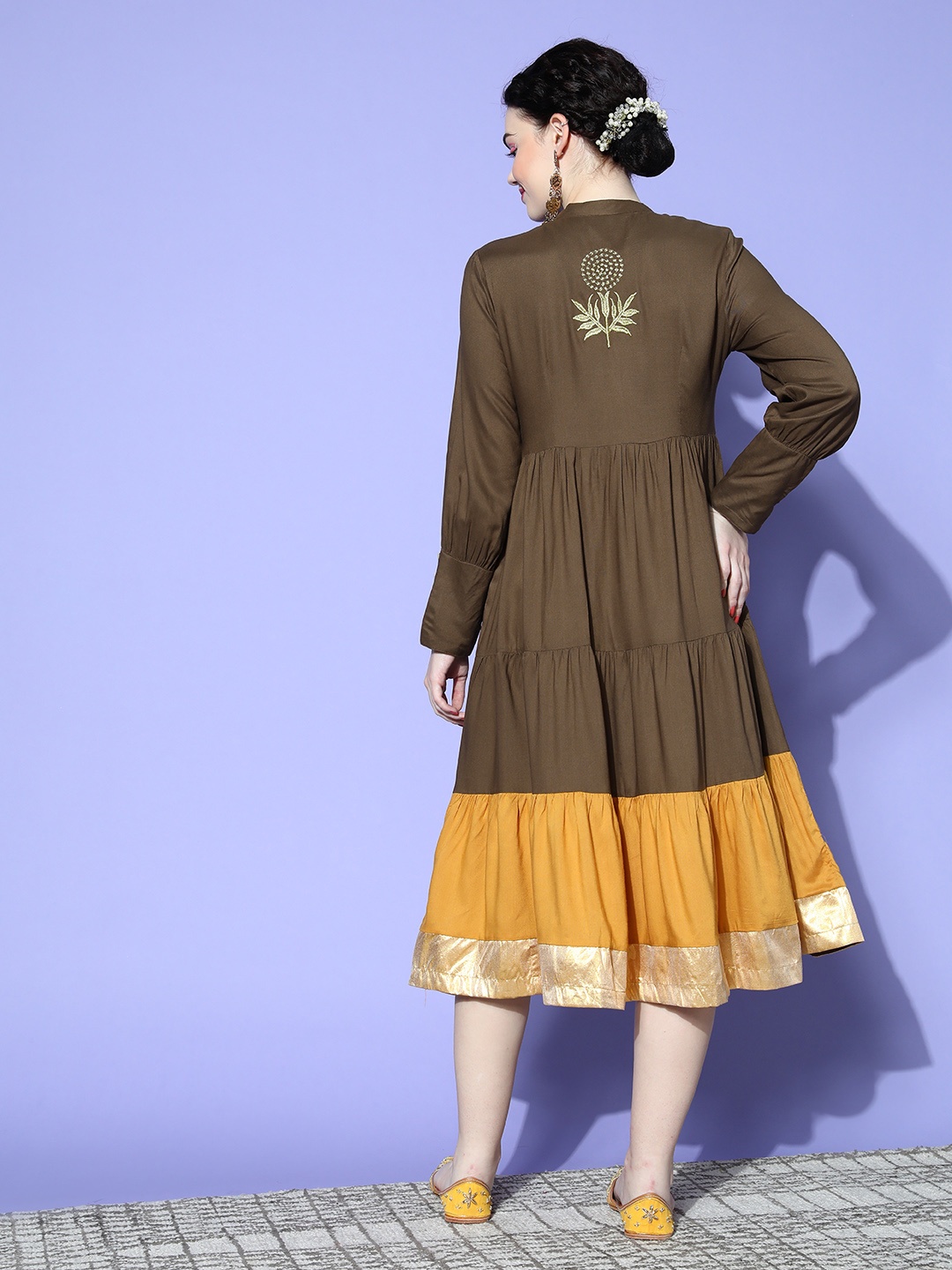 

Sangria Women Olive Brown & Mustard Yellow Colourblocked Tiered A-line Midi Dress