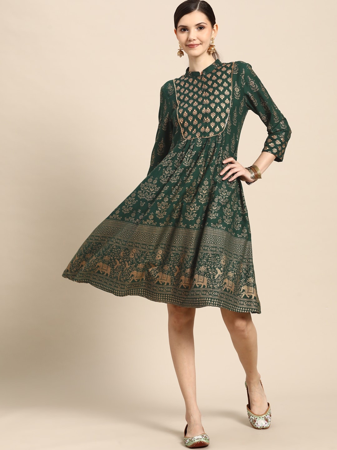 

Sangria Teal & Golden Ethnic Motifs A-Line Midi Dress