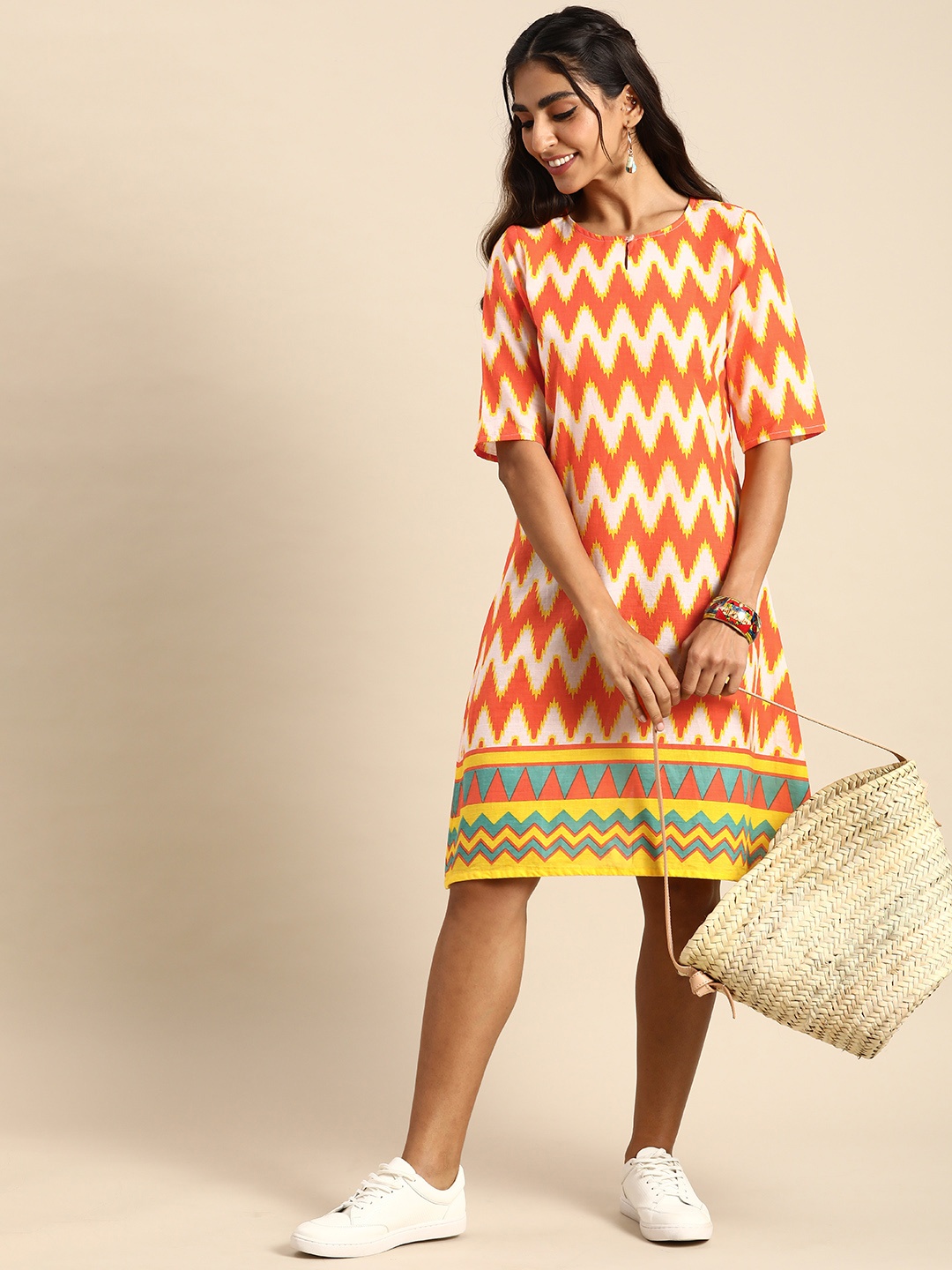 

Sangria Orange & White Chevron Printed Pure Cotton A-Line Dress