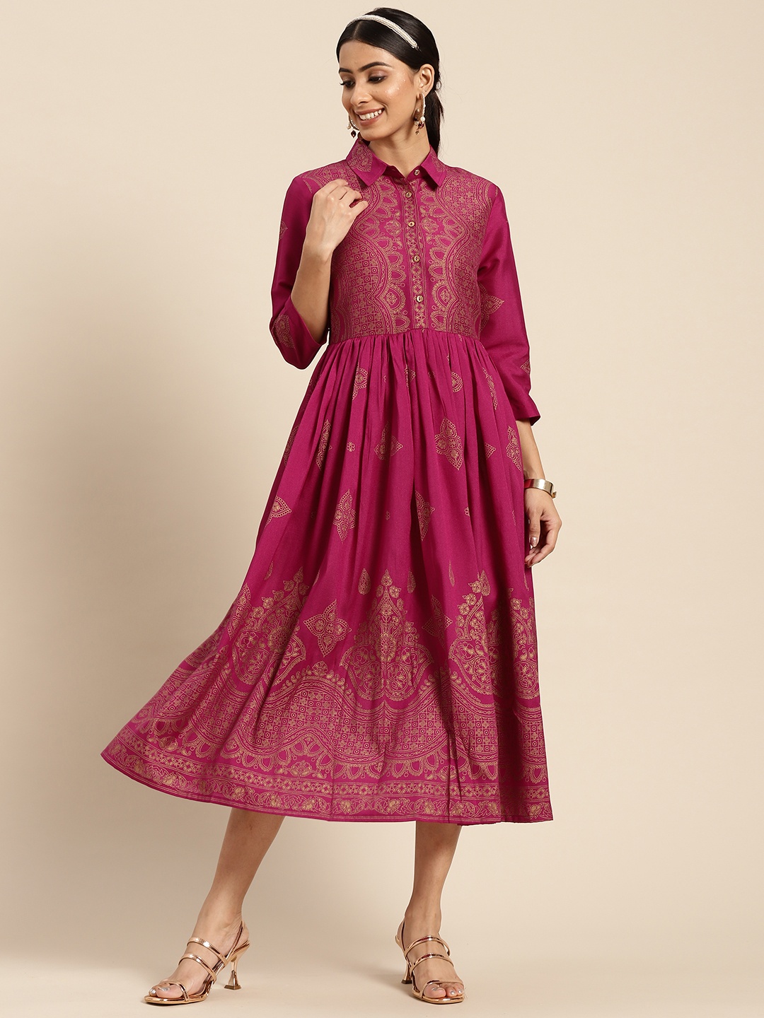 

Sangria Magenta & Golden Ethnic Motifs Printed Shirt Collar A-Line Midi Dress