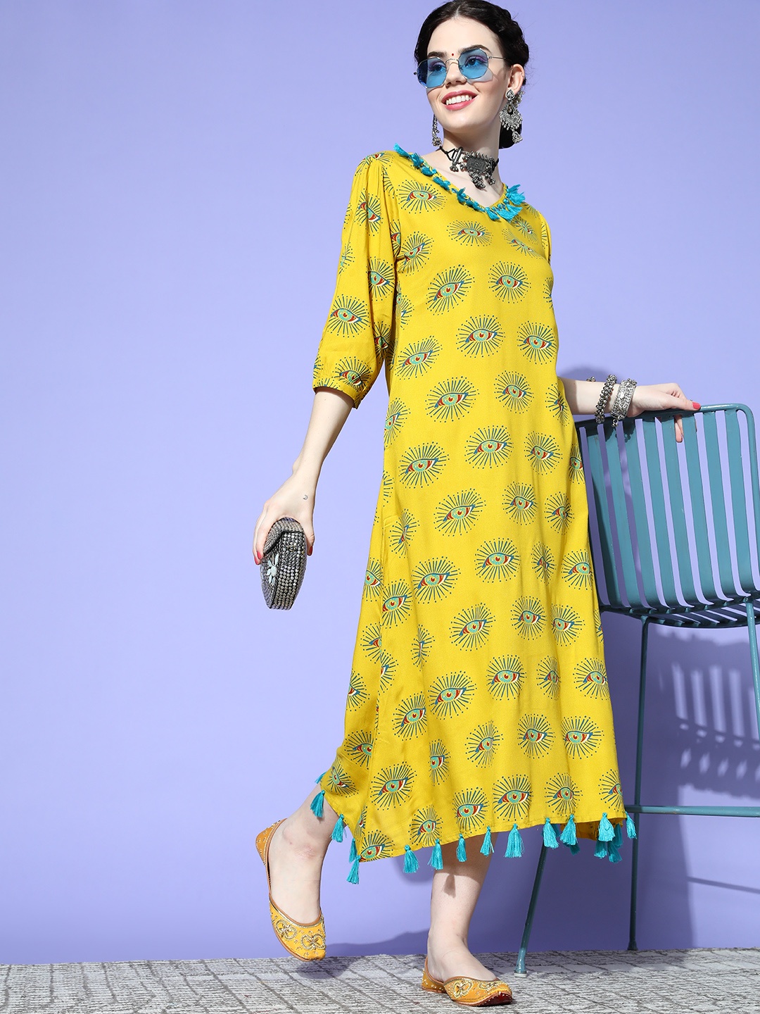 

Sangria Mustard Yellow & Blue Ethnic Motifs Ethnic Straight Midi Dress