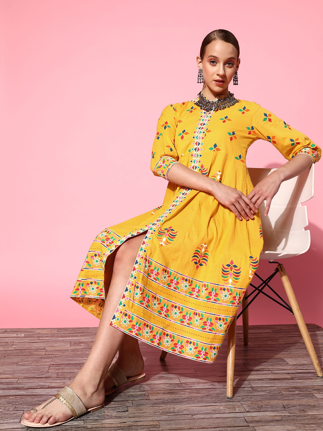 

Sangria Women Beautiful Mustard Cotton Sleeve Bounce Ethnic Dress