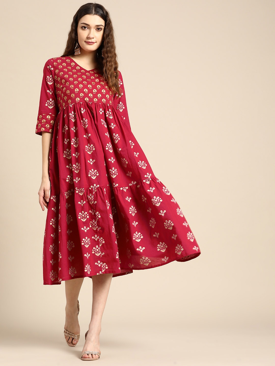 

Sangria Red & Gold-Toned Pure Cotton Floral Ethnic A-line Tiered Midi Dress