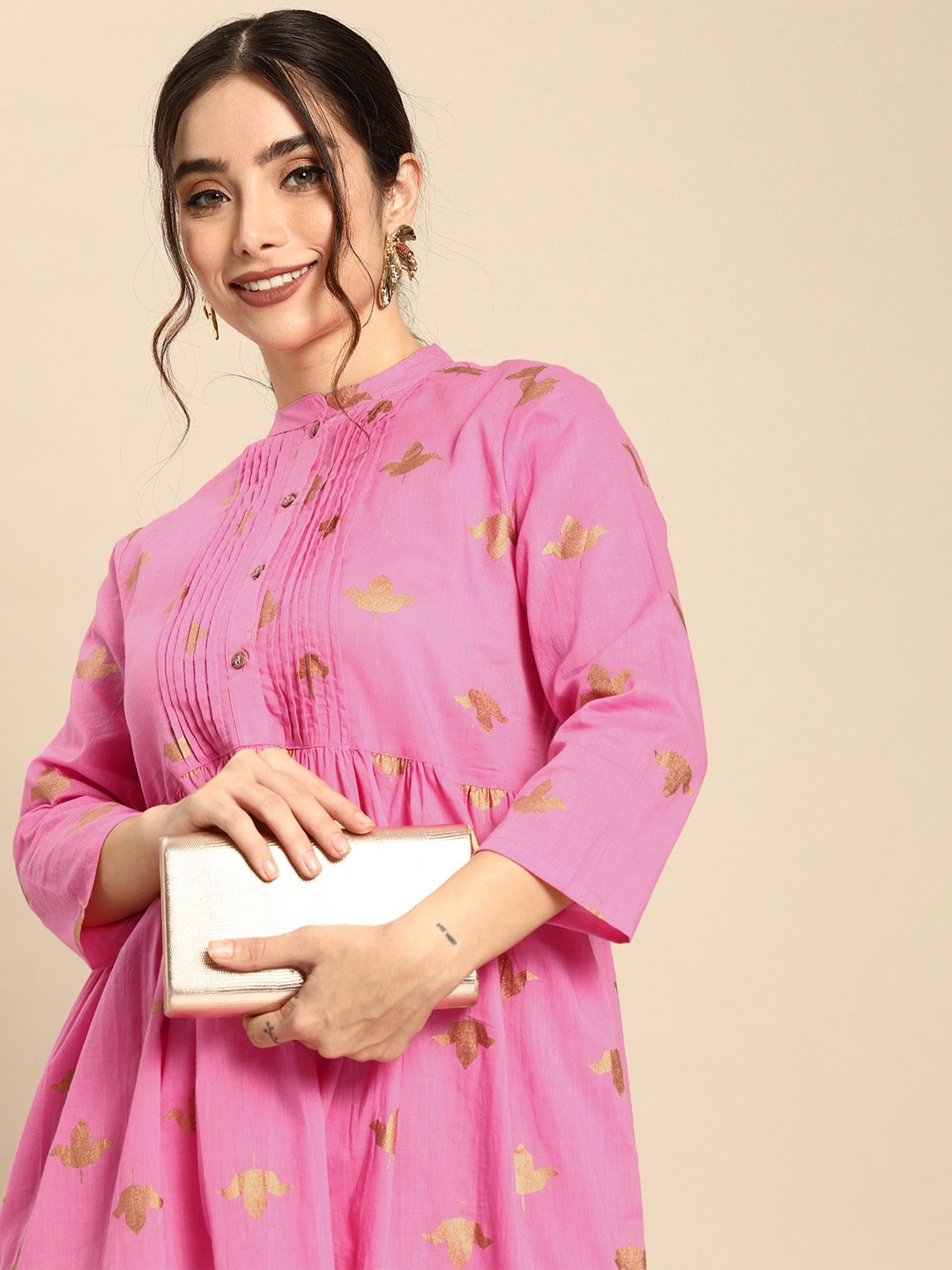 

Sangria Women Pink & Golden Pure Cotton Floral Print A-Line Ethnic Dress