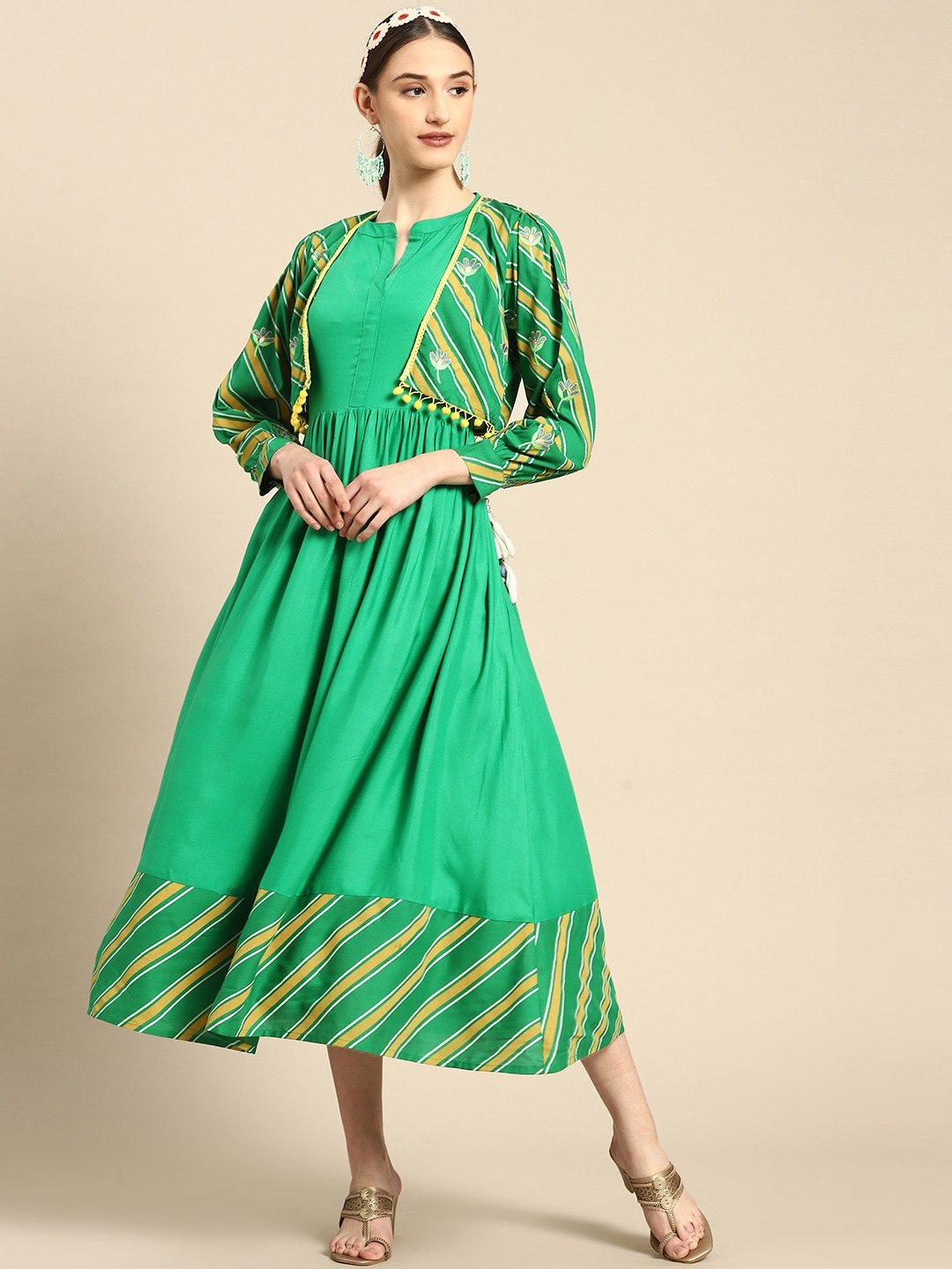 

Sangria Ethnic A-Line Dress with Jacket, Green