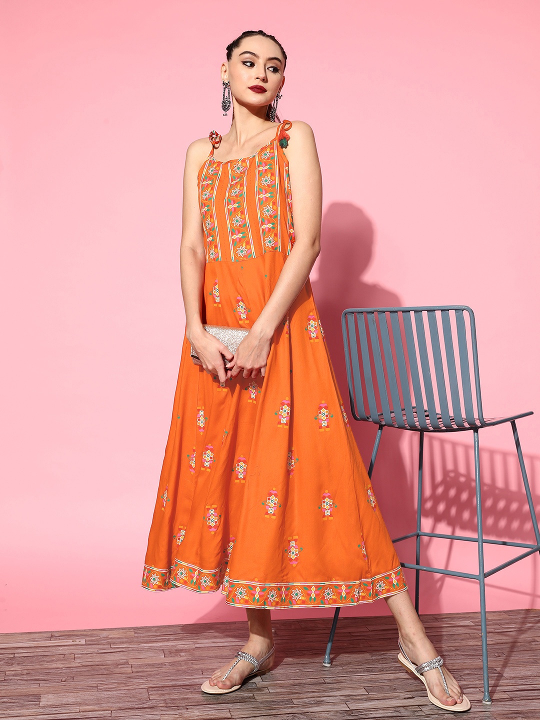 

Sangria Women Orange Viscose Rayon Fluid Tie-Up Ethnic Dress