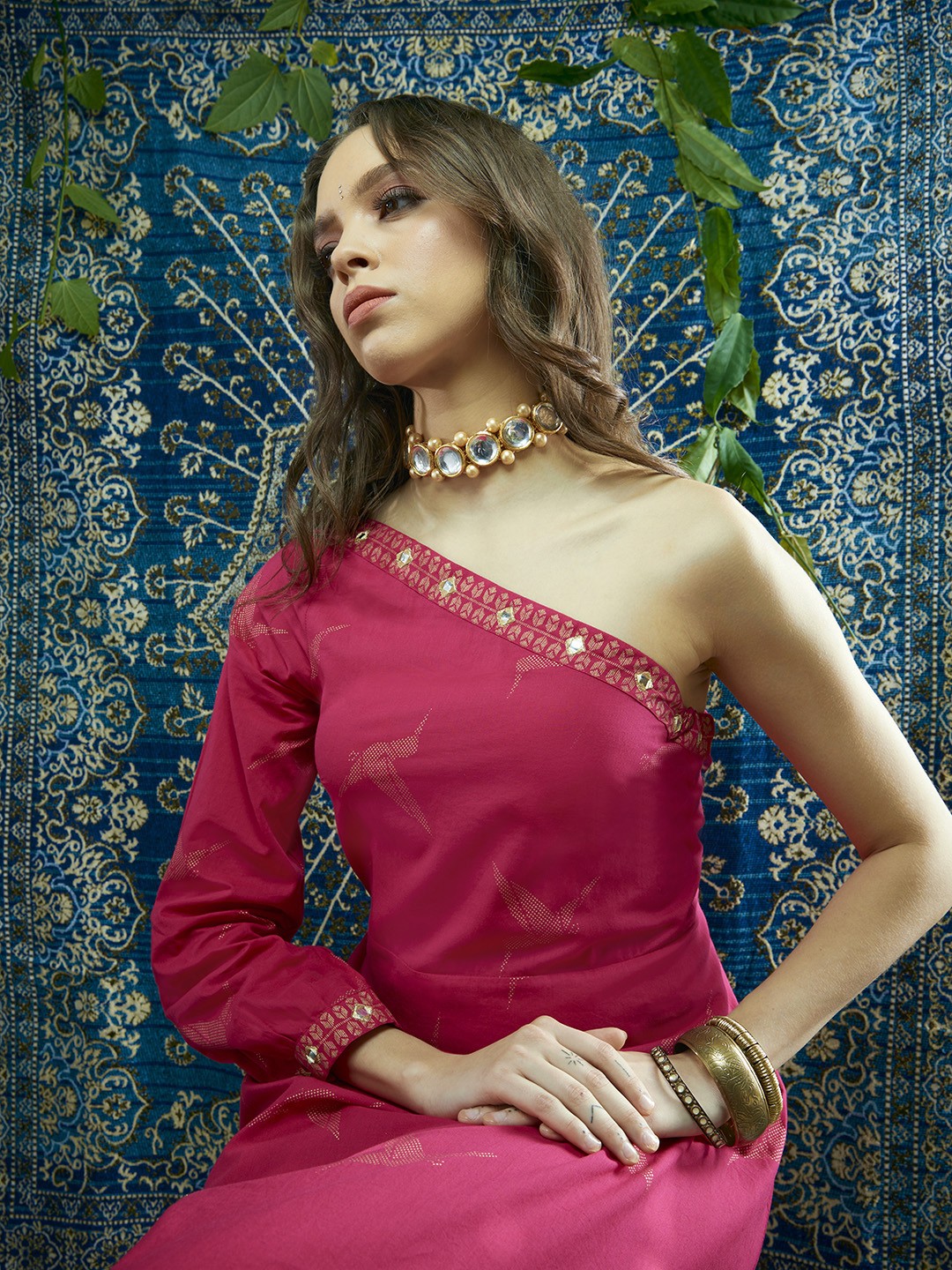 

Sangria Magenta & Golden Ethnic Motif Printed A-Line Midi Dress