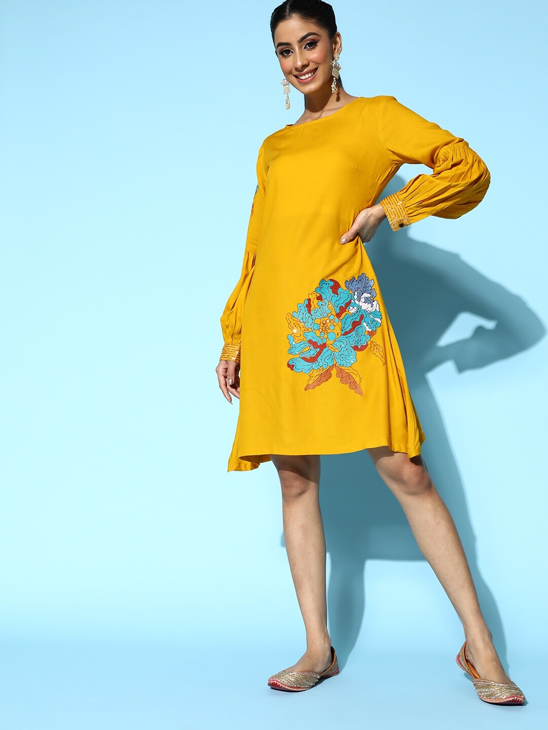

Sangria Mustard Yellow & Blue Floral Embroidered A-Line Dress
