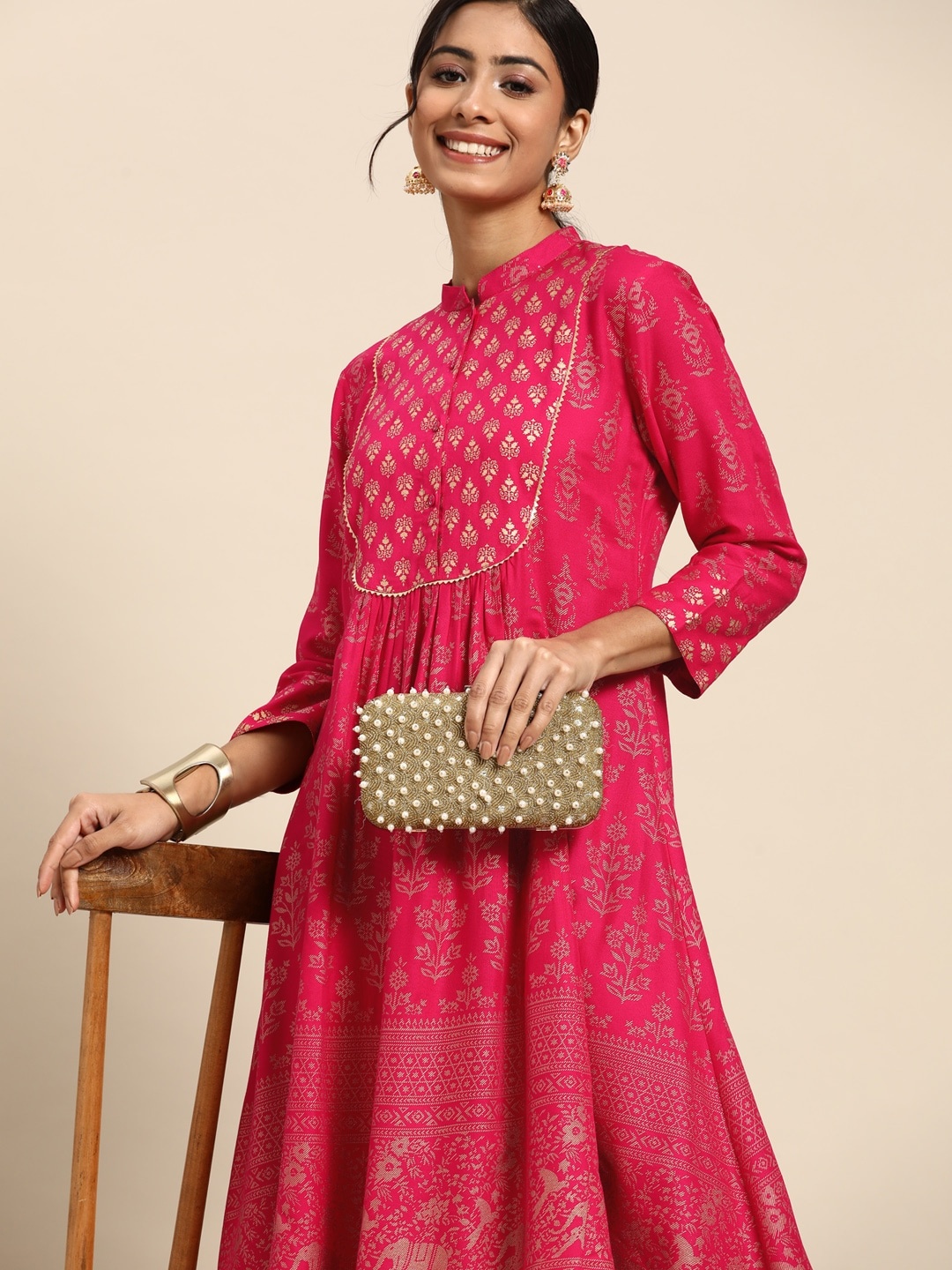 

Sangria Fuchsia Pink & Golden Ethnic Motifs Ethnic A-Line Midi Dress