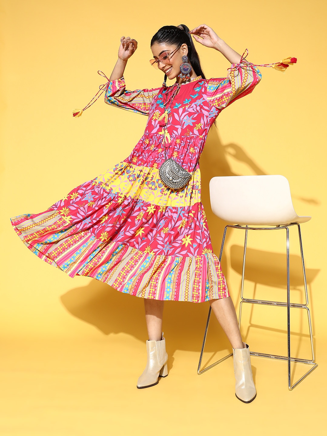 

Sangria Pink & Yellow Floral Tie-Up Neck Tiered Ethnic Midi Dress