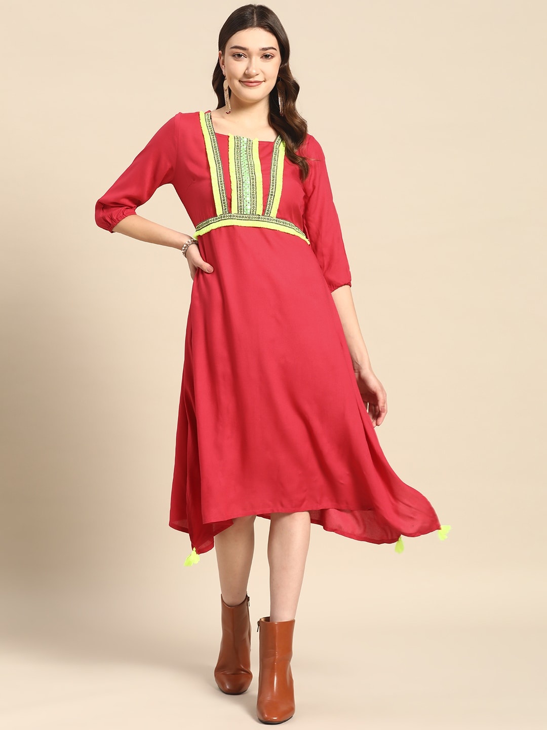 Sangria Red Mirror-Work Embroidered A-Line Dress