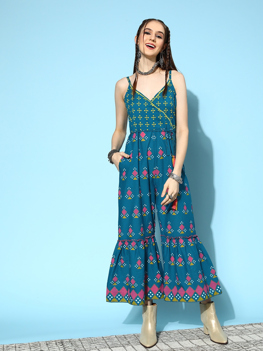 

Sangria Teal Green & Pink Ethnic Motifs Printed Pure Cotton Basic Jumpsuit