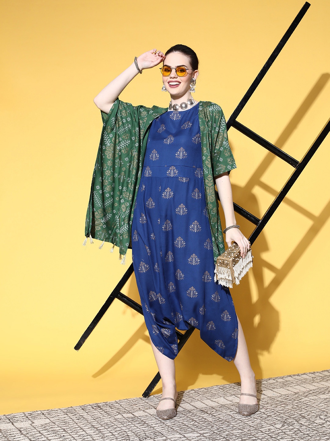 

Sangria Teal Blue & Green Printed Cowl Jumpsuit with Shrug